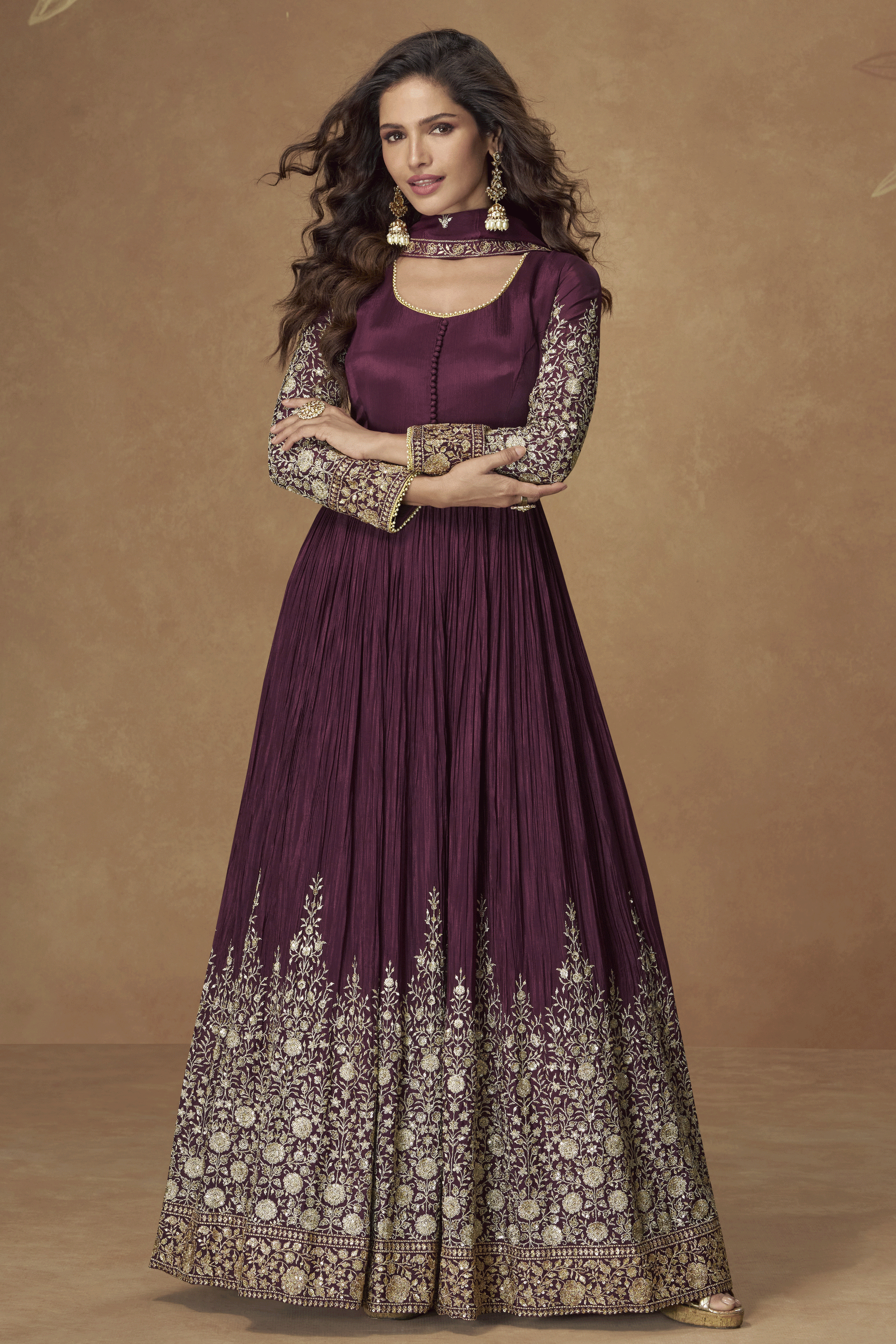 Wine Readymade Embroidered Chinon Gown with Dupatta-SS858_1_SareeButa.com