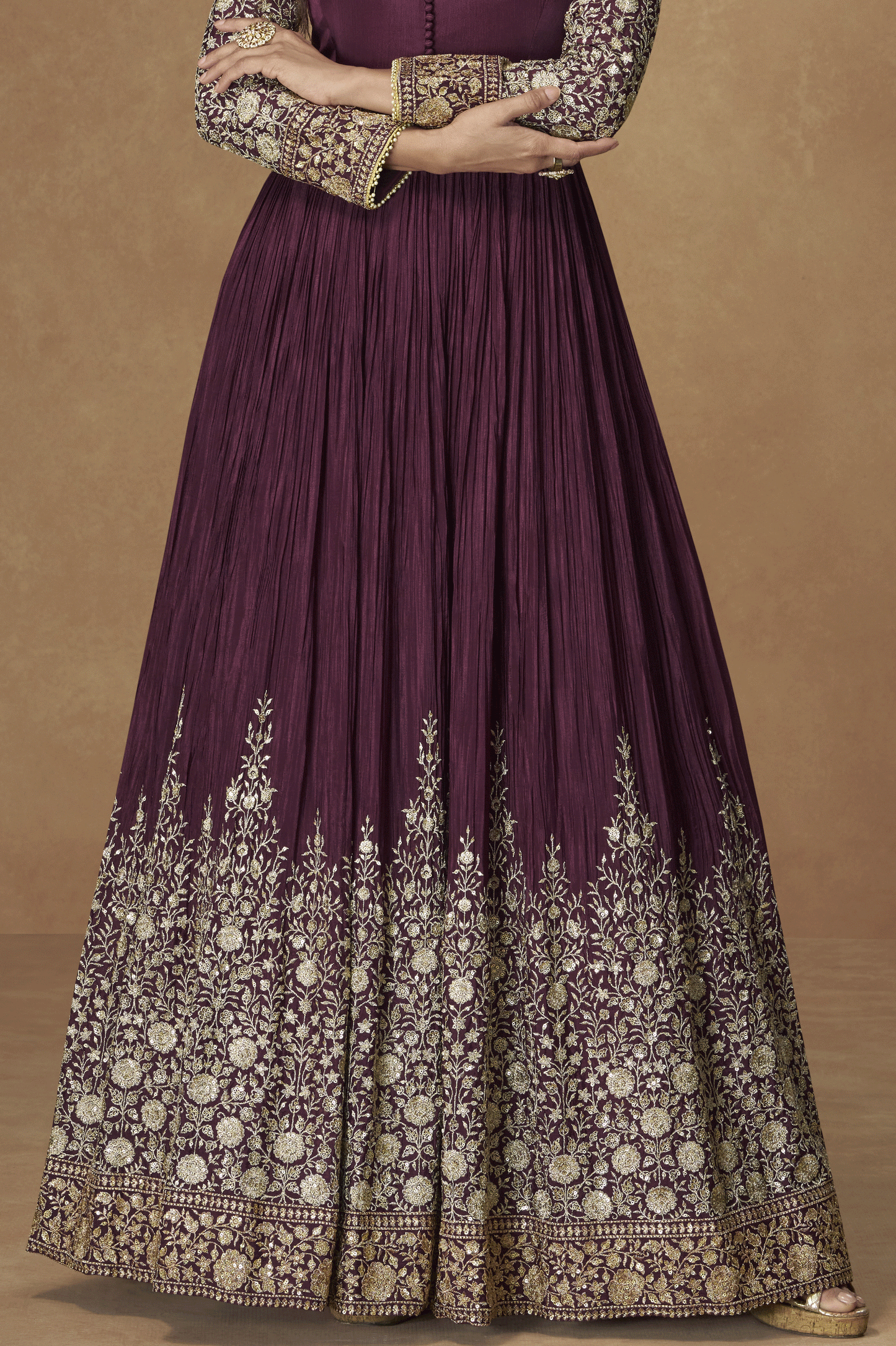 Wine Readymade Embroidered Chinon Gown with Dupatta-SS858_3_SareeButa.com
