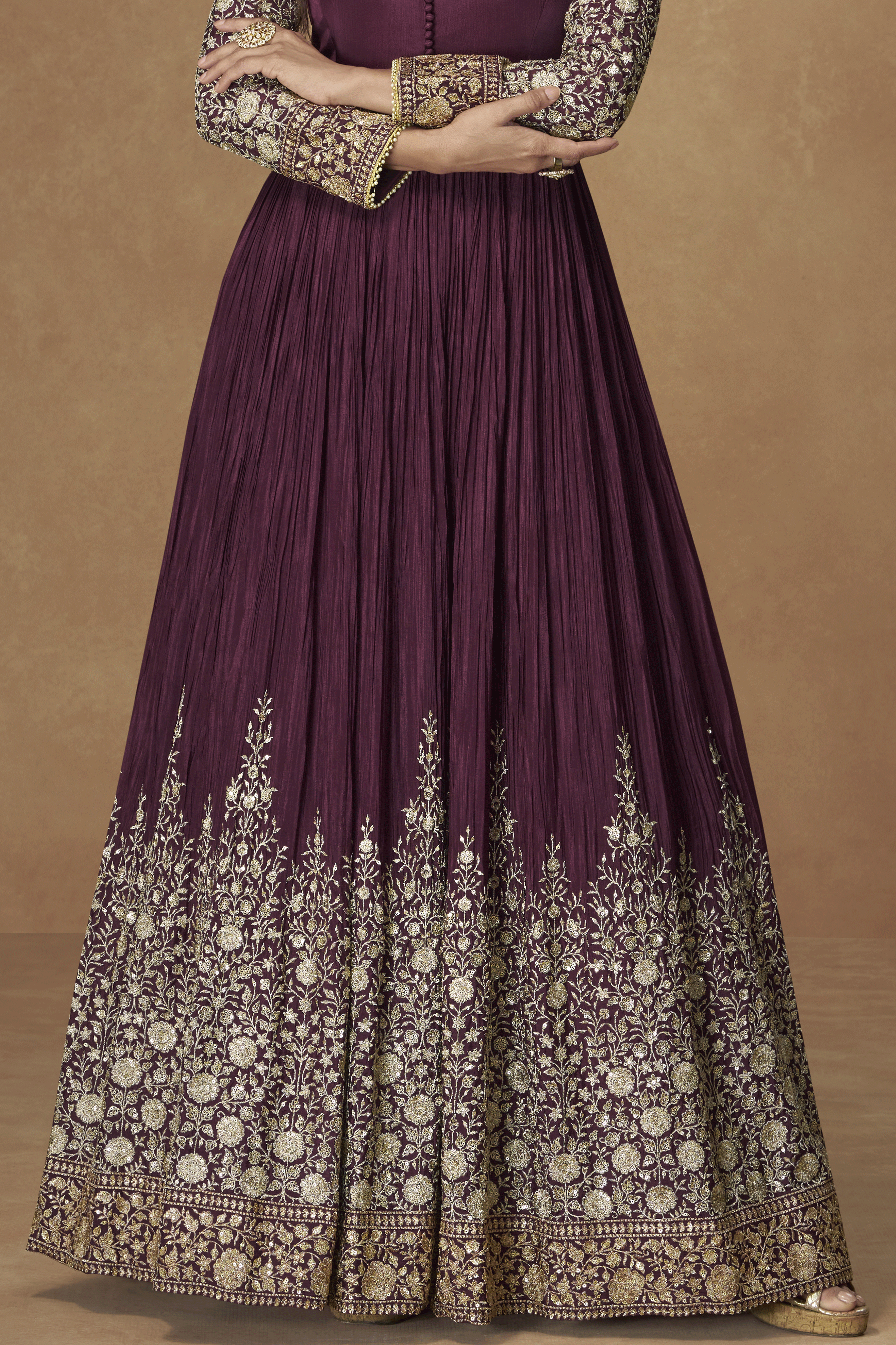 Wine Readymade Embroidered Chinon Gown with Dupatta-SS858_3_SareeButa.com