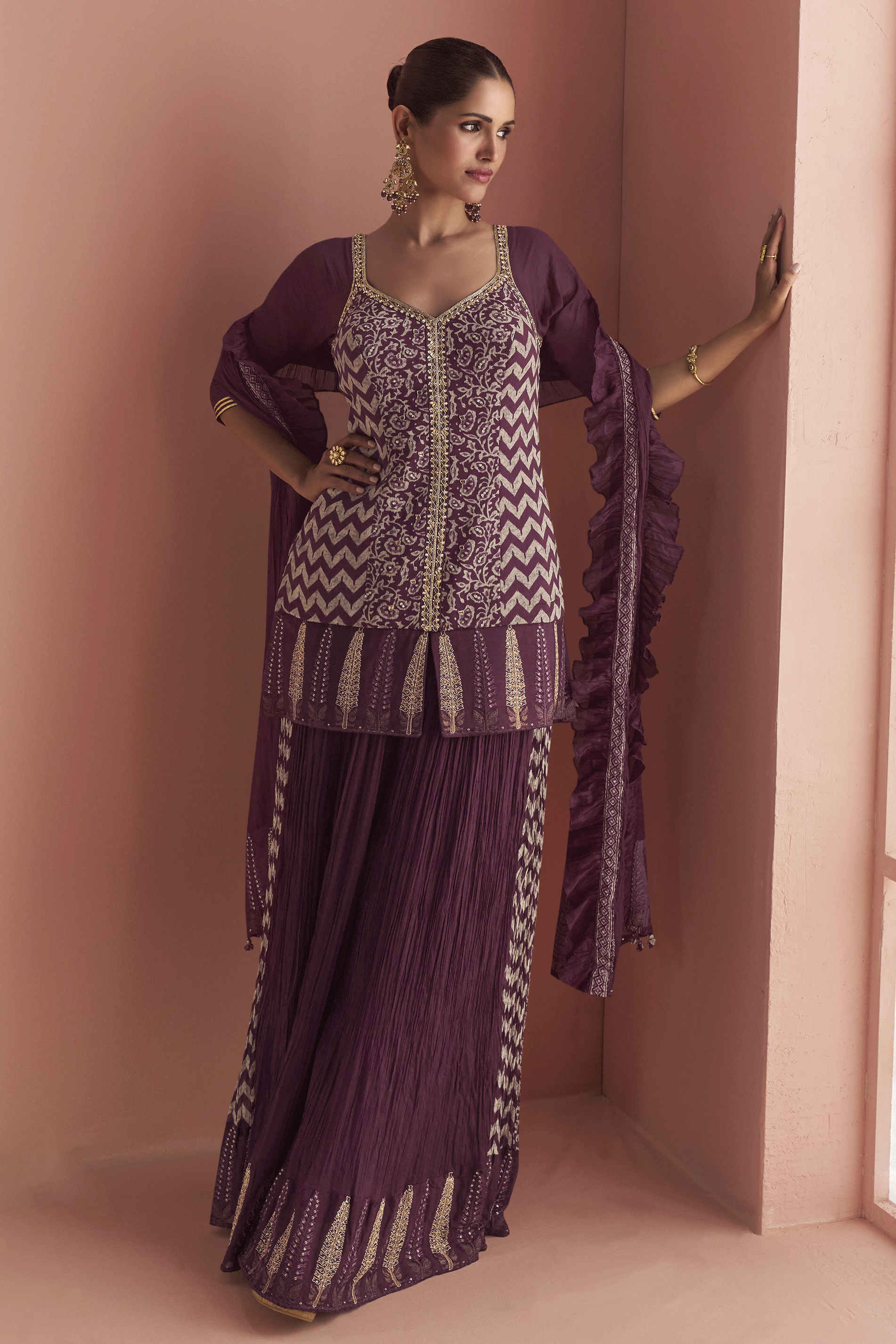 Wine Readymade Embroidered Chinon Silk Palazzo Suit-SS888_1_SareeButa.com
