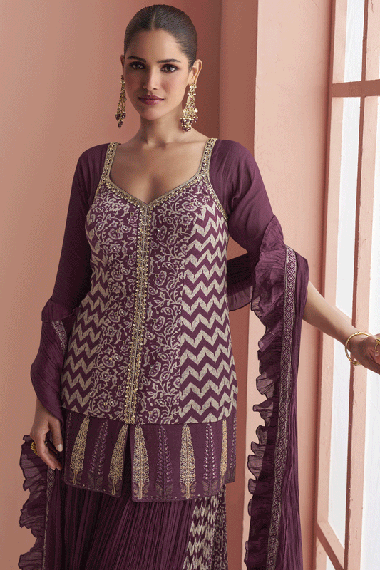 Wine Readymade Embroidered Chinon Silk Palazzo Suit-SS888_2_SareeButa.com