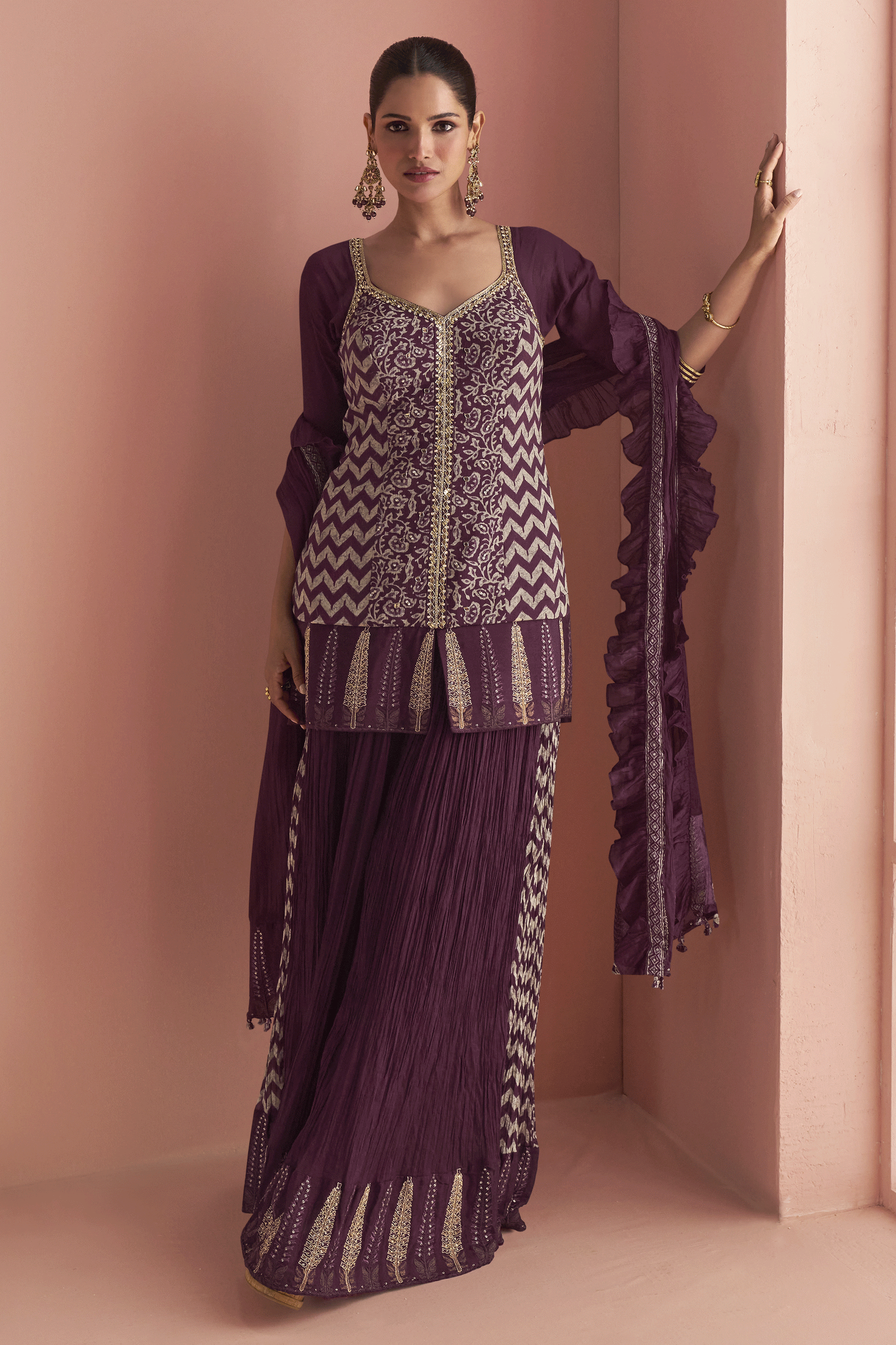 Wine Readymade Embroidered Chinon Silk Palazzo Suit-SS888_3_SareeButa.com