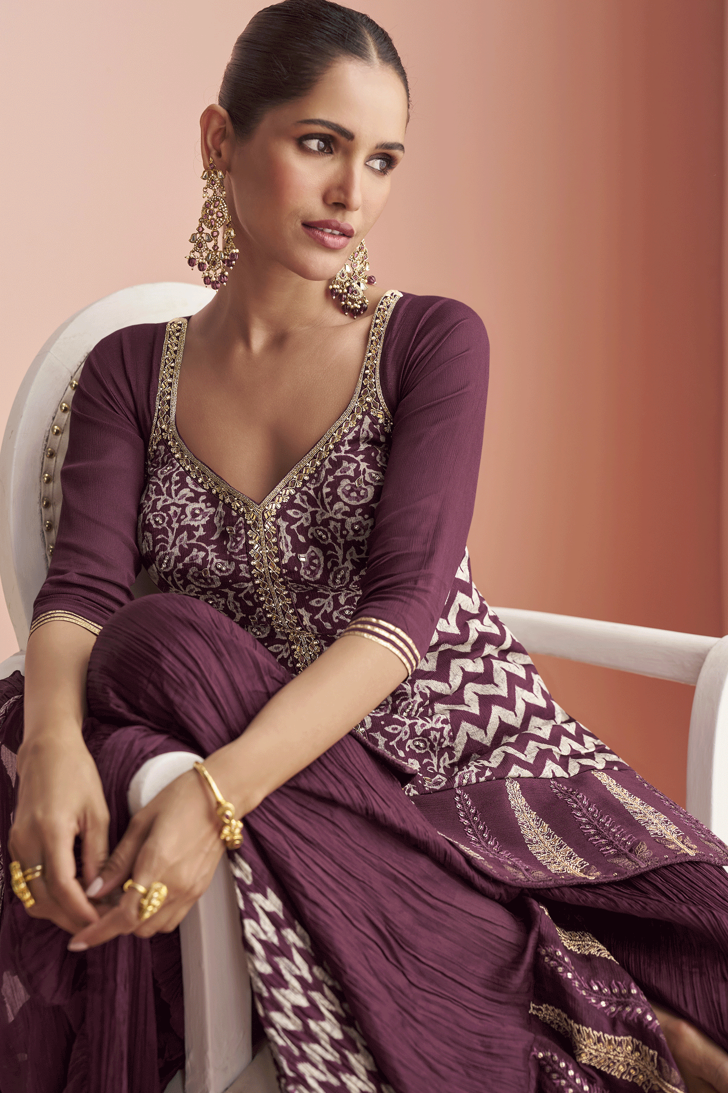 Wine Readymade Embroidered Chinon Silk Palazzo Suit-SS888_4_SareeButa.com