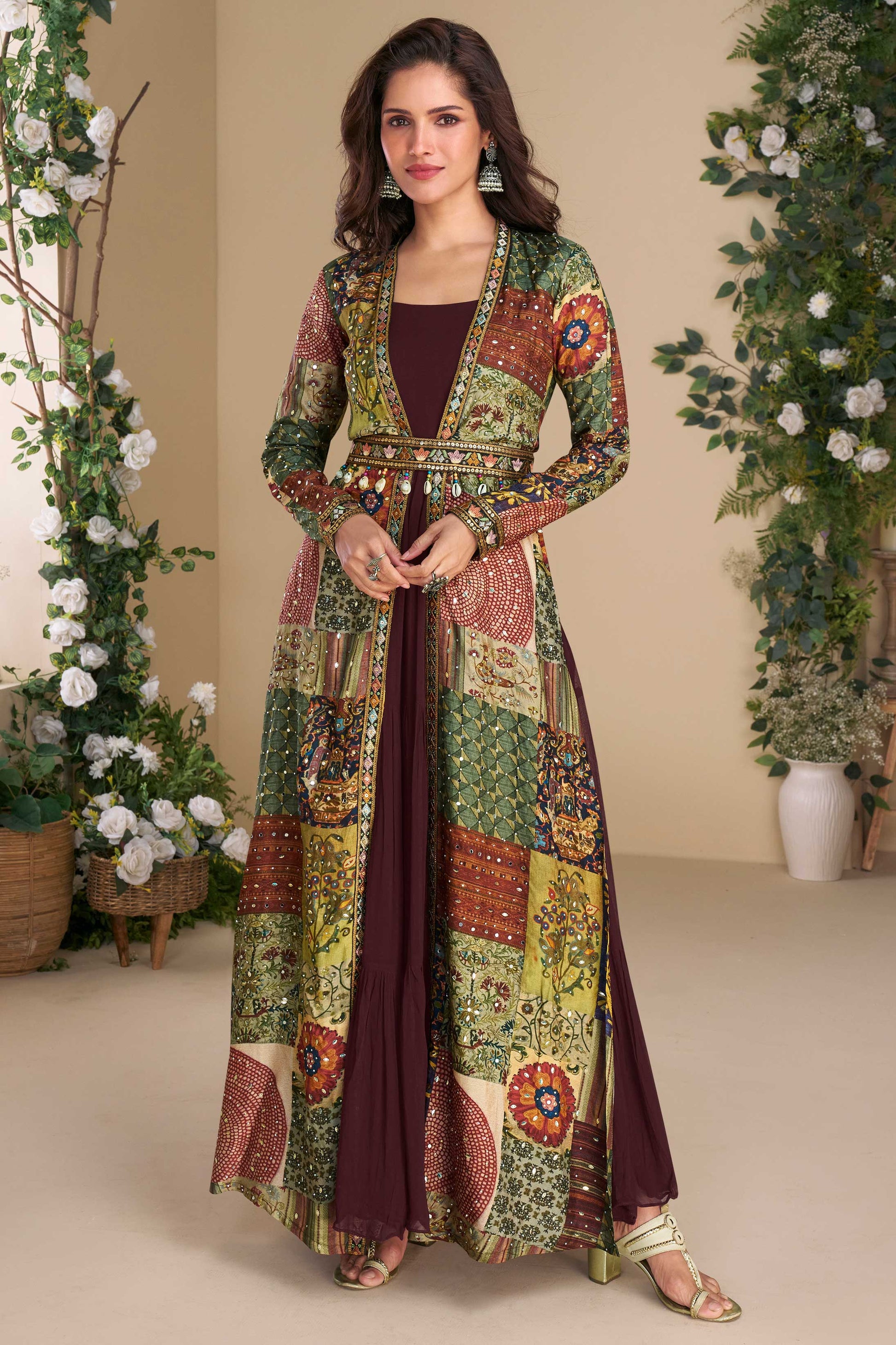 Wine Readymade Georgette Silk Gown with Jacket-SS672_1_SareeButa.com