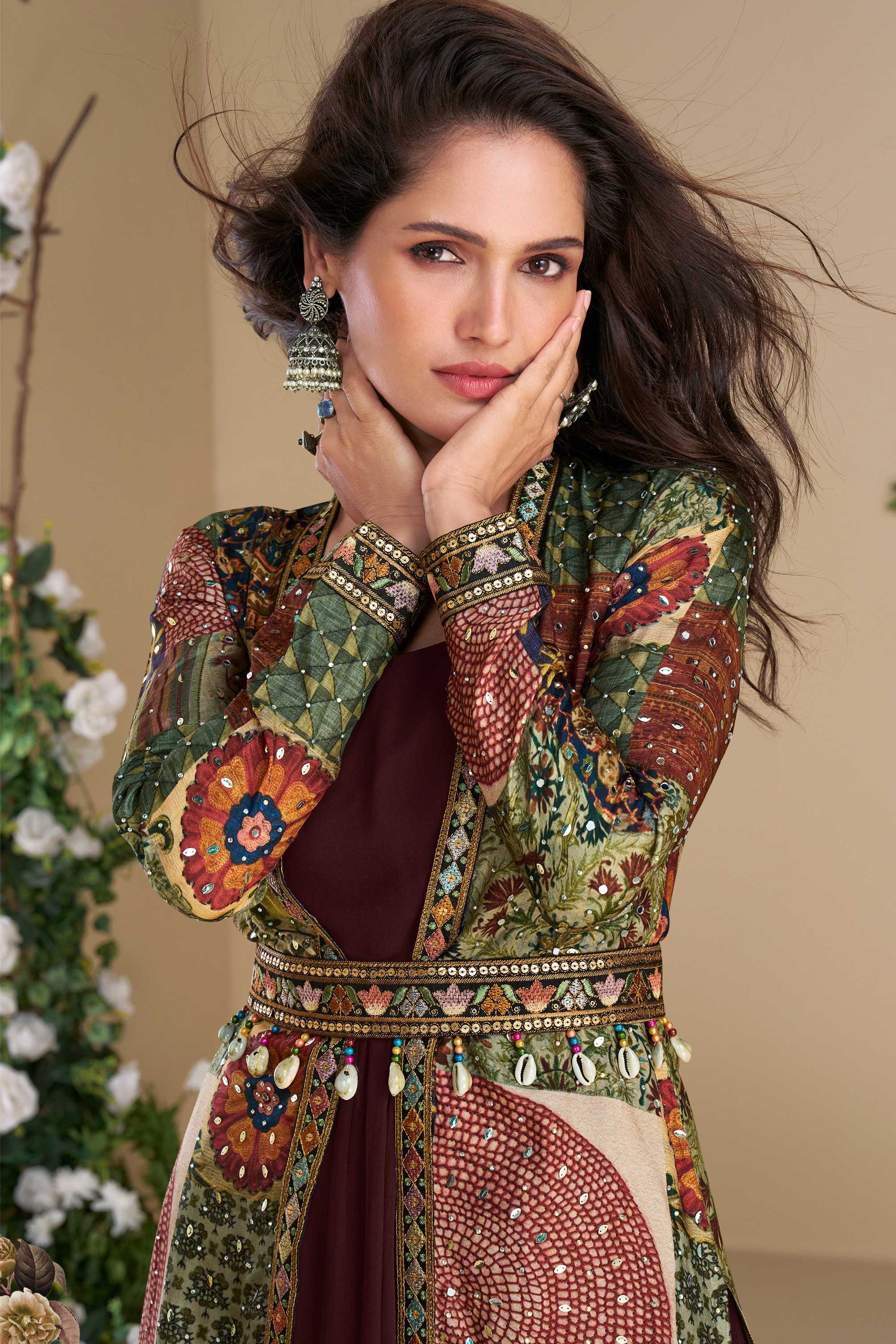 Wine Readymade Georgette Silk Gown with Jacket-SS672_3_SareeButa.com