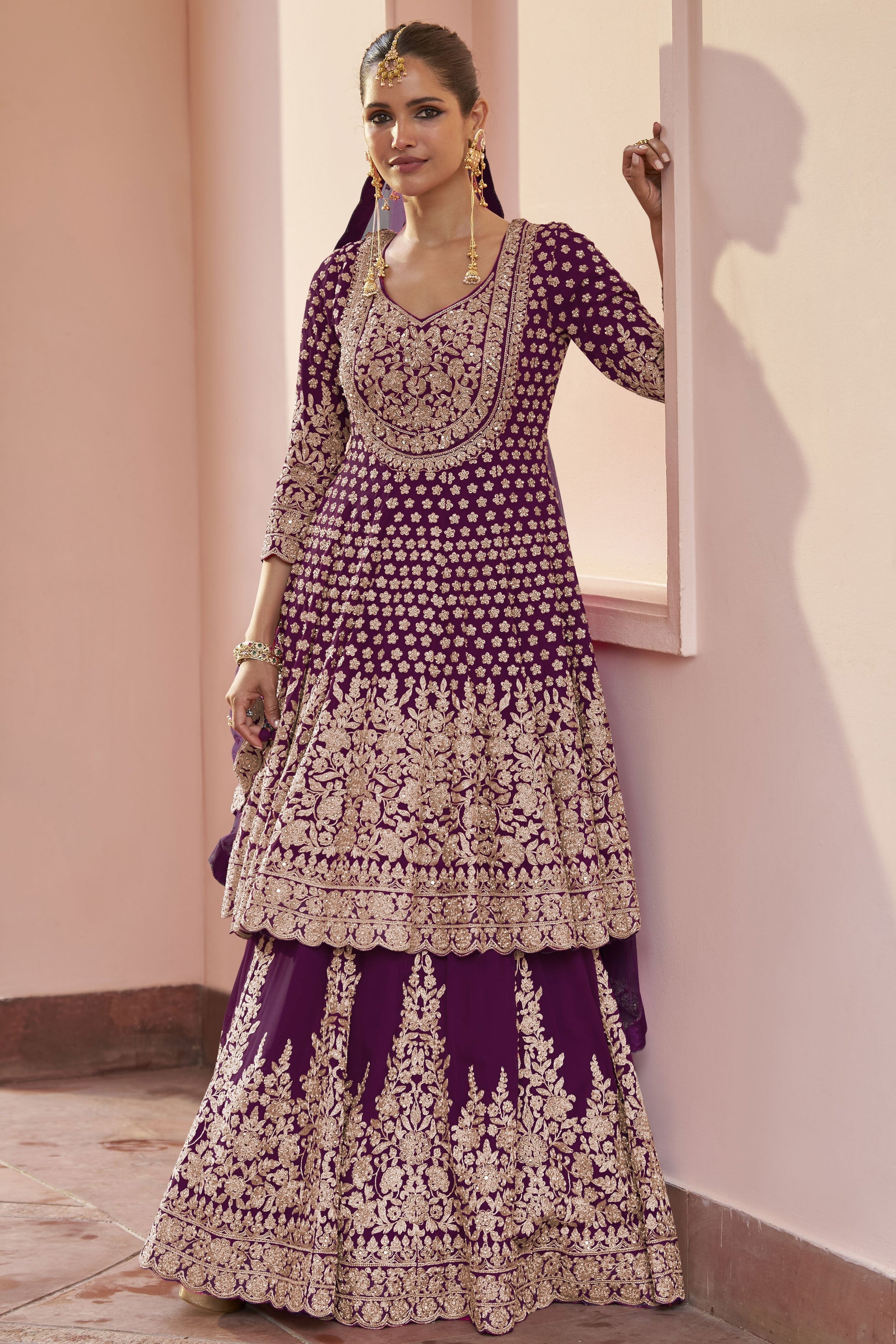 Wine Readymade Heavy Work Georgette Skirt Suit-SS1012_1_SareeButa.com