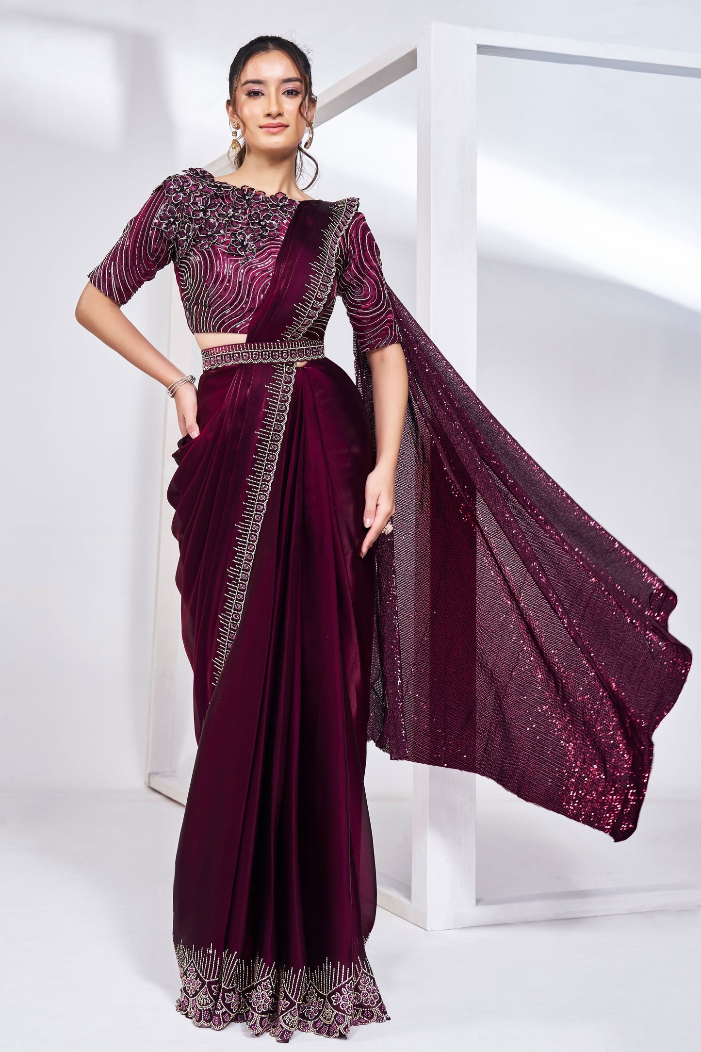 Wine Satin Silk Readymade Saree-ZB133208_1_SareeButa.com