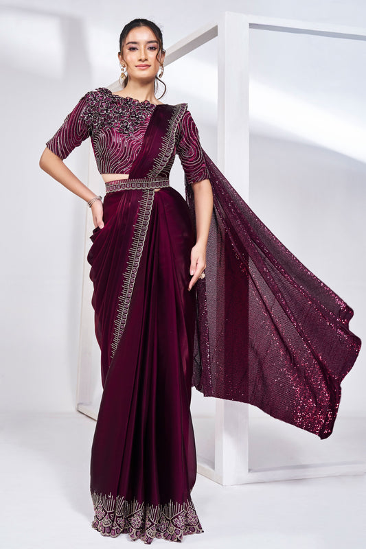 Wine Satin Silk Readymade Saree-ZB133208_1_SareeButa.com