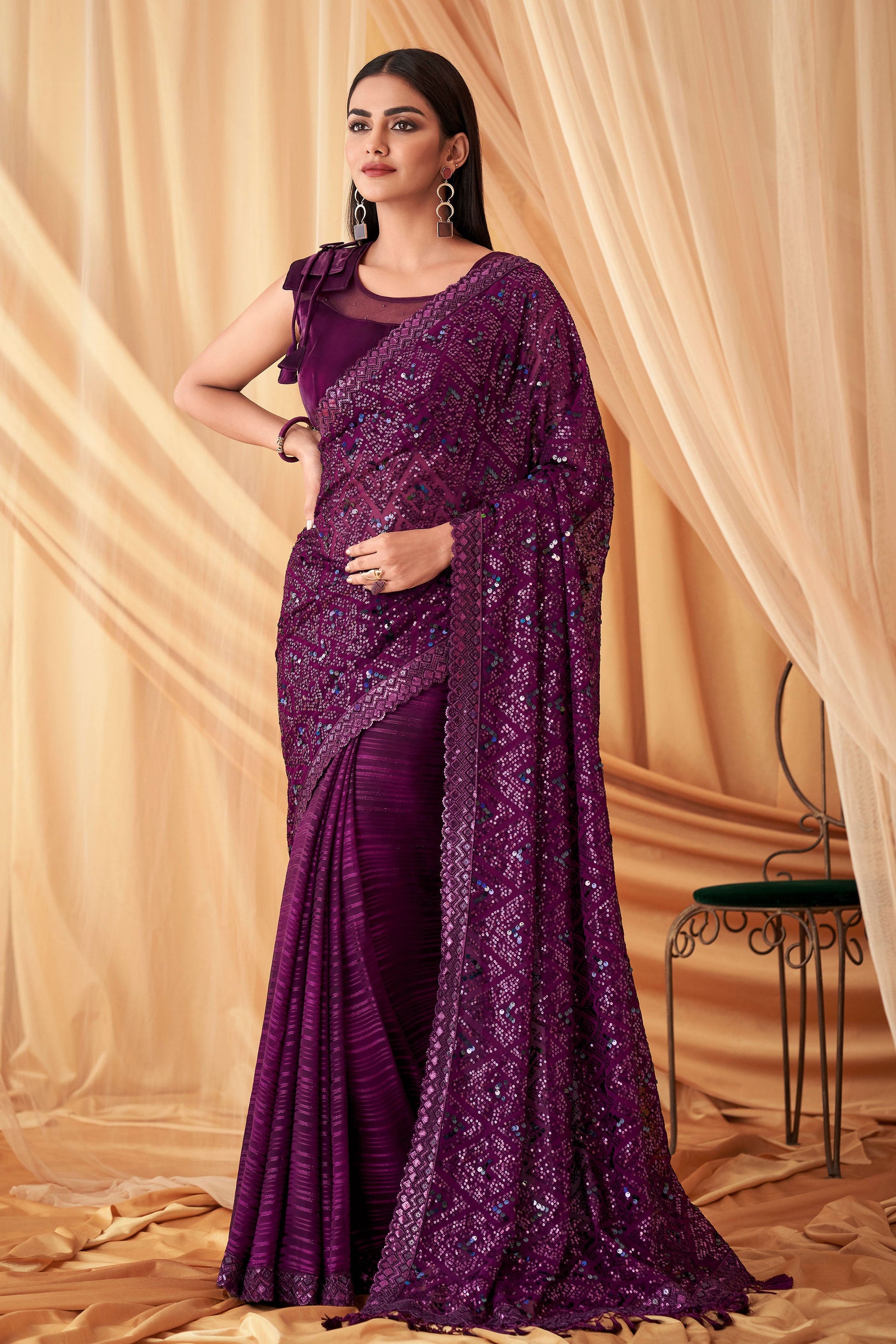 wine-sequined-satin-georgette-saree-zb131080_1_SareeButa.com