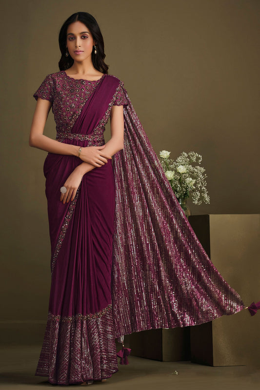 Wine Sequined Silk Readymade Saree-ZB133908_1_SareeButa.com