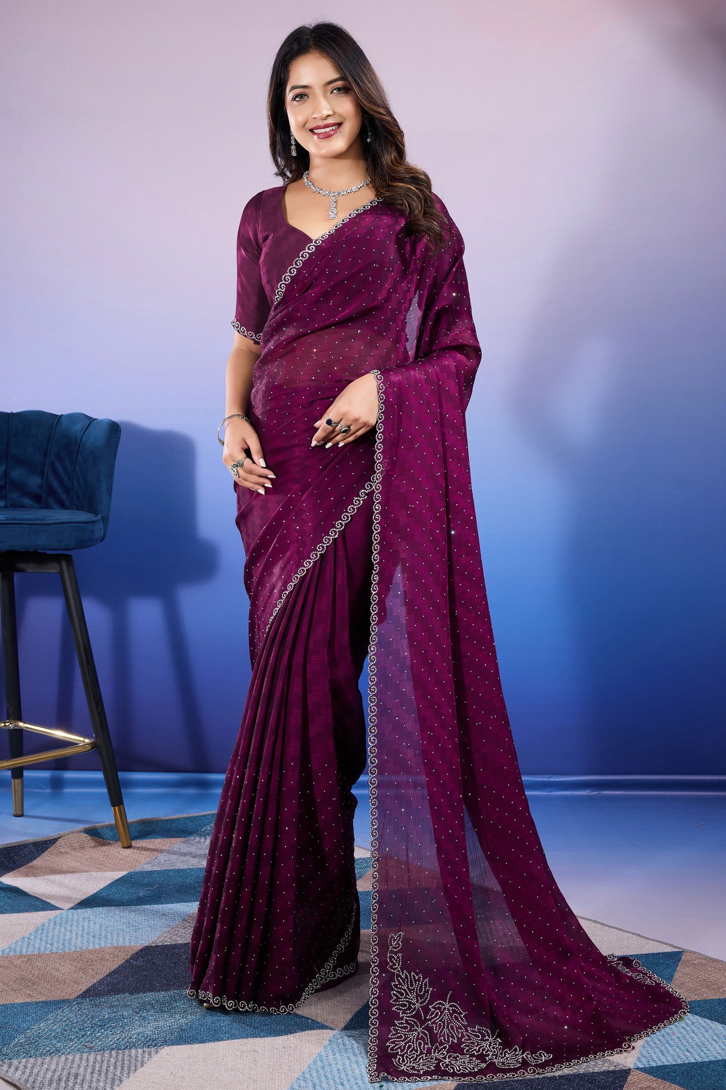 Wine Stone Work Chiffon Saree-ZB133342_1_SareeButa.com