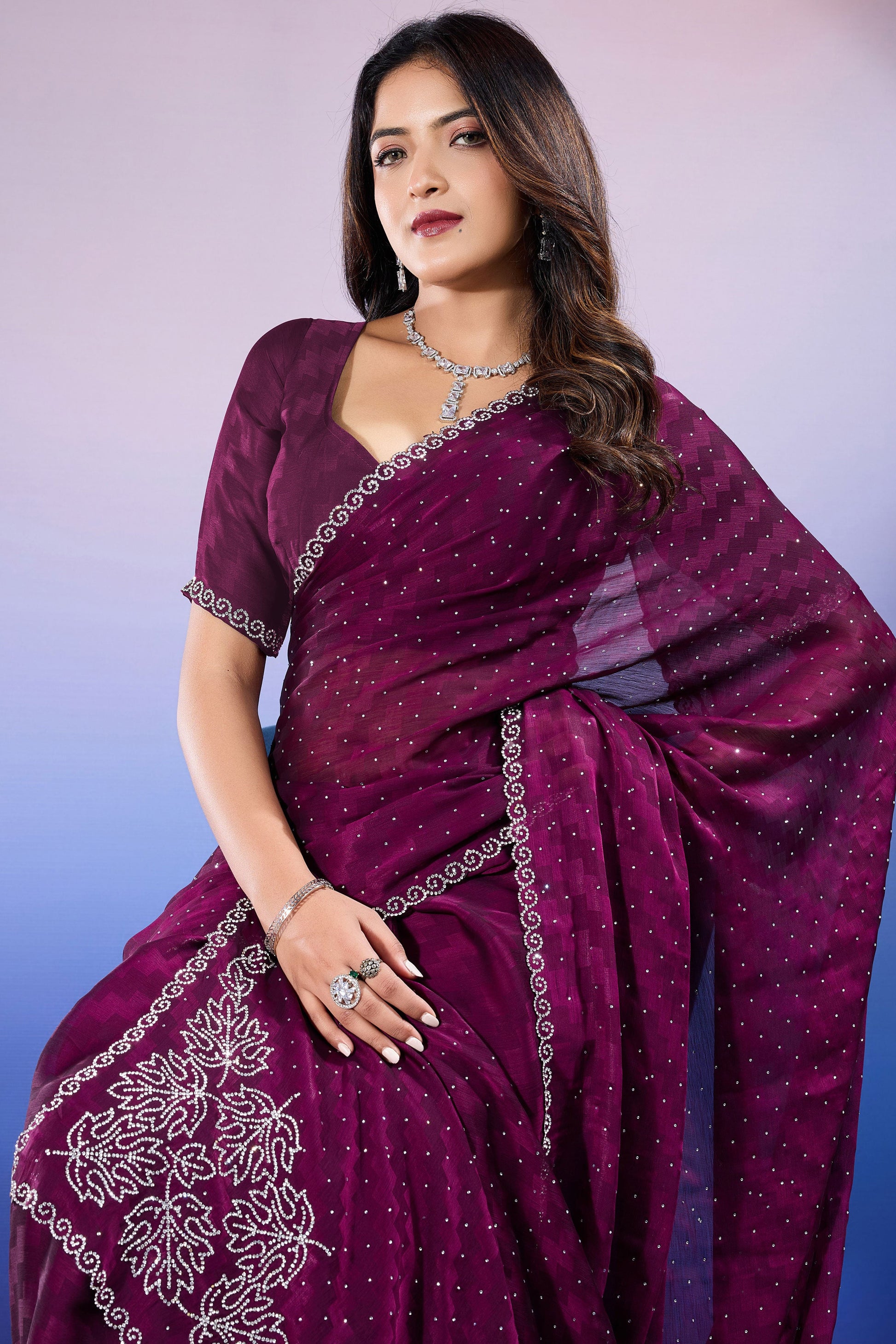 Wine Stone Work Chiffon Saree-ZB133342_2_SareeButa.com