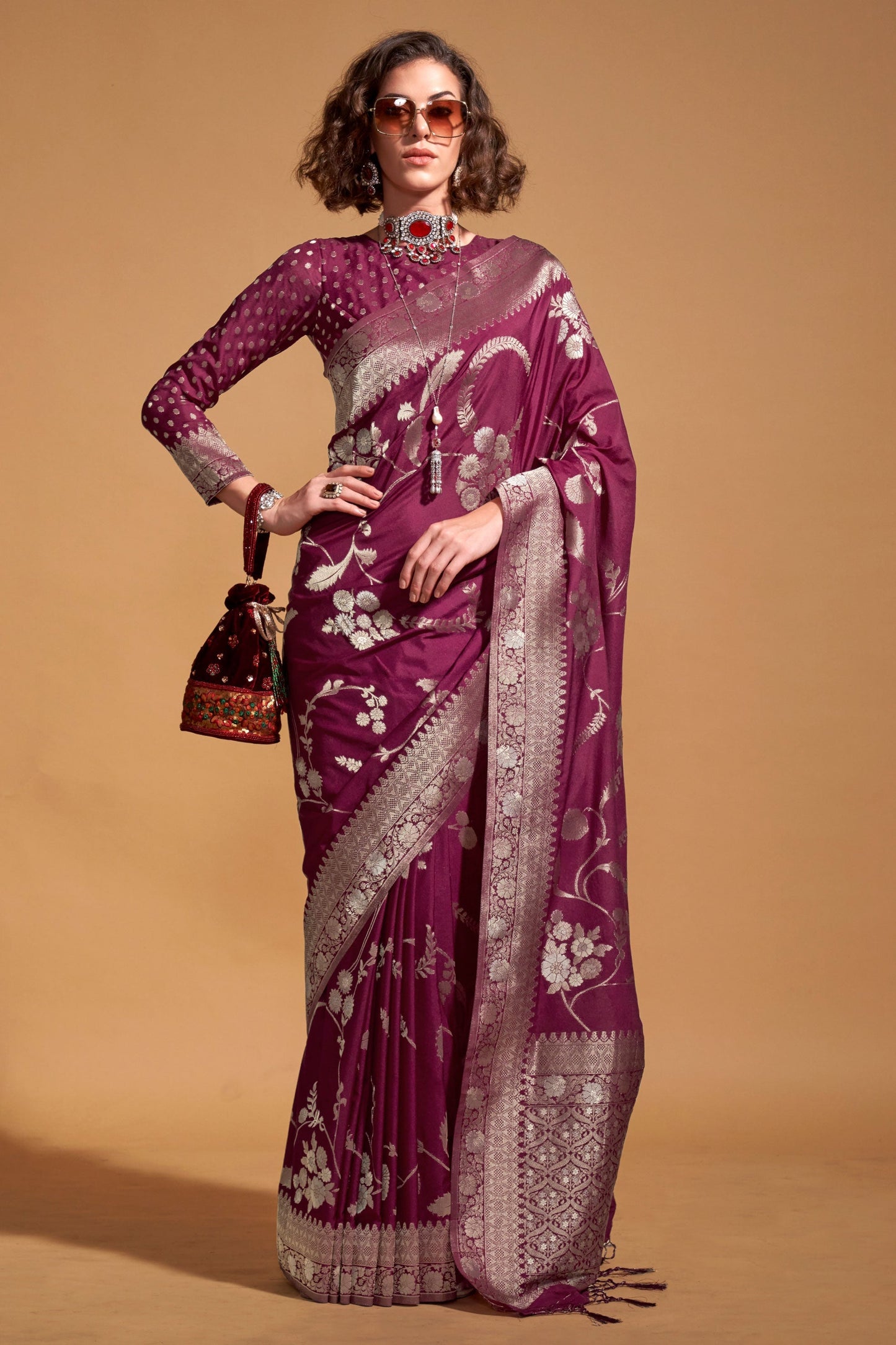 Wine Woven Georgette Saree-ZB133023_1_SareeButa.com