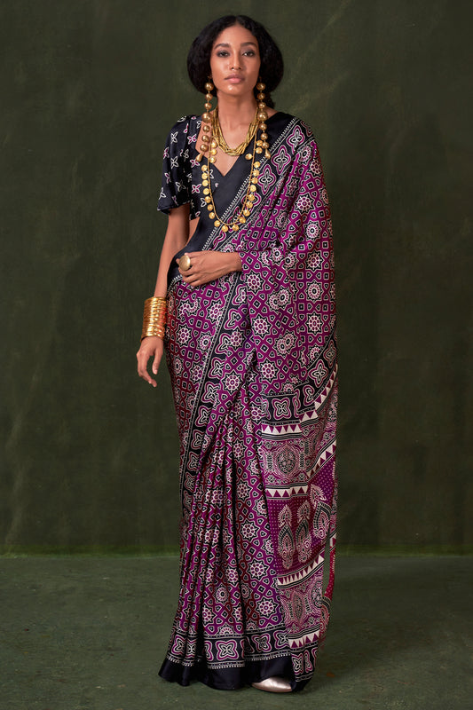 Wine Ajarakh Print Satin Crepe Saree-SAR12411_1_SareeButa.com