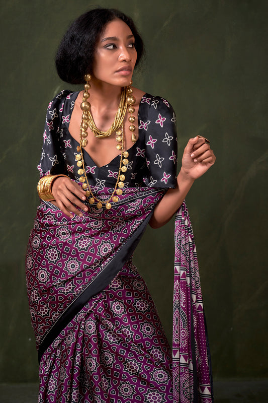 Wine Ajarakh Print Satin Crepe Saree-SAR12411_2_SareeButa.com