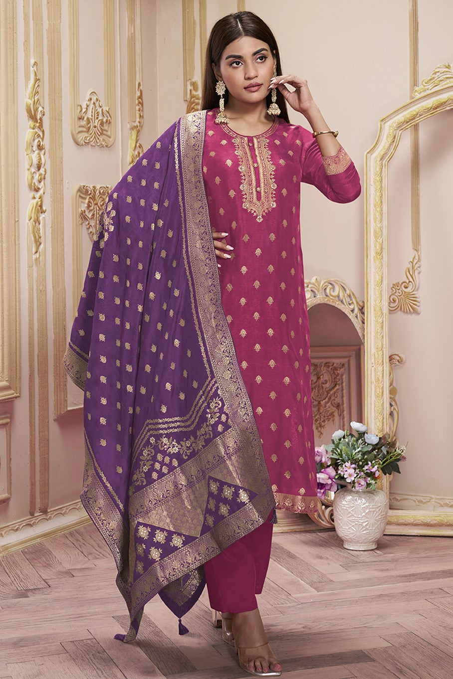 Wine Dola Silk Readymade Salwar Suit-SS140_1_SareeButa.com