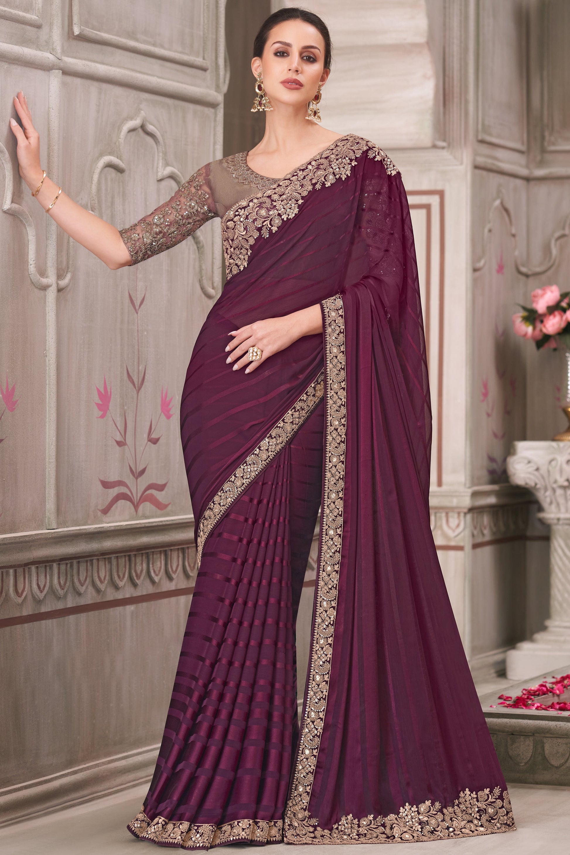 Wine Embroidered Georgette Silk Saree-ZB134561_1_SareeButa.com