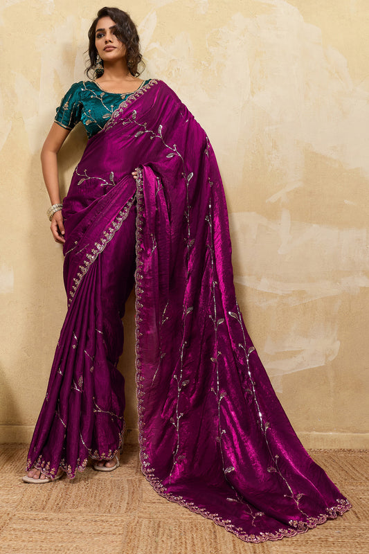 Wine Embroidered Metallic Satin Saree-SAR12534_1_SareeButa.com