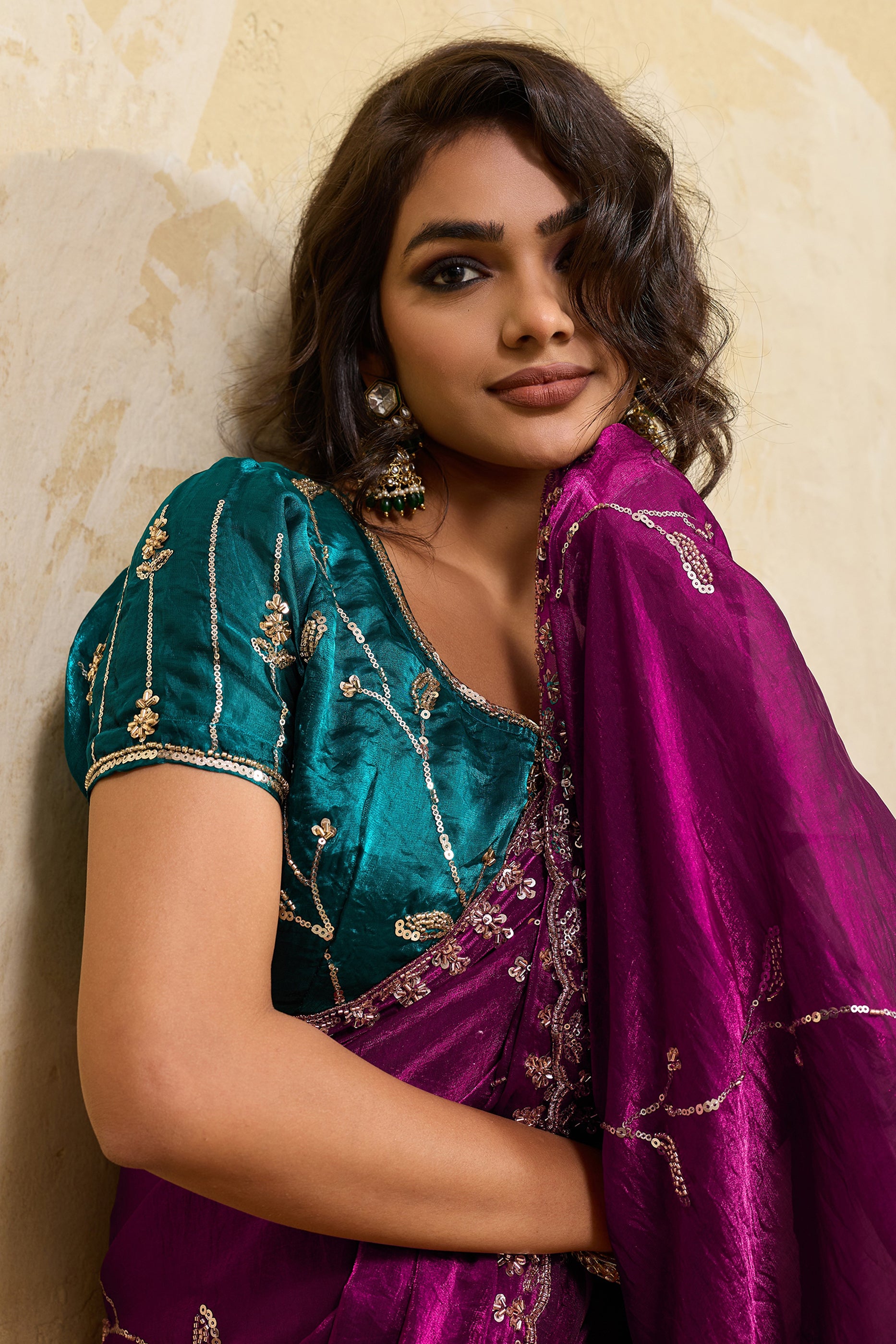 Wine Embroidered Metallic Satin Saree-SAR12534_3_SareeButa.com