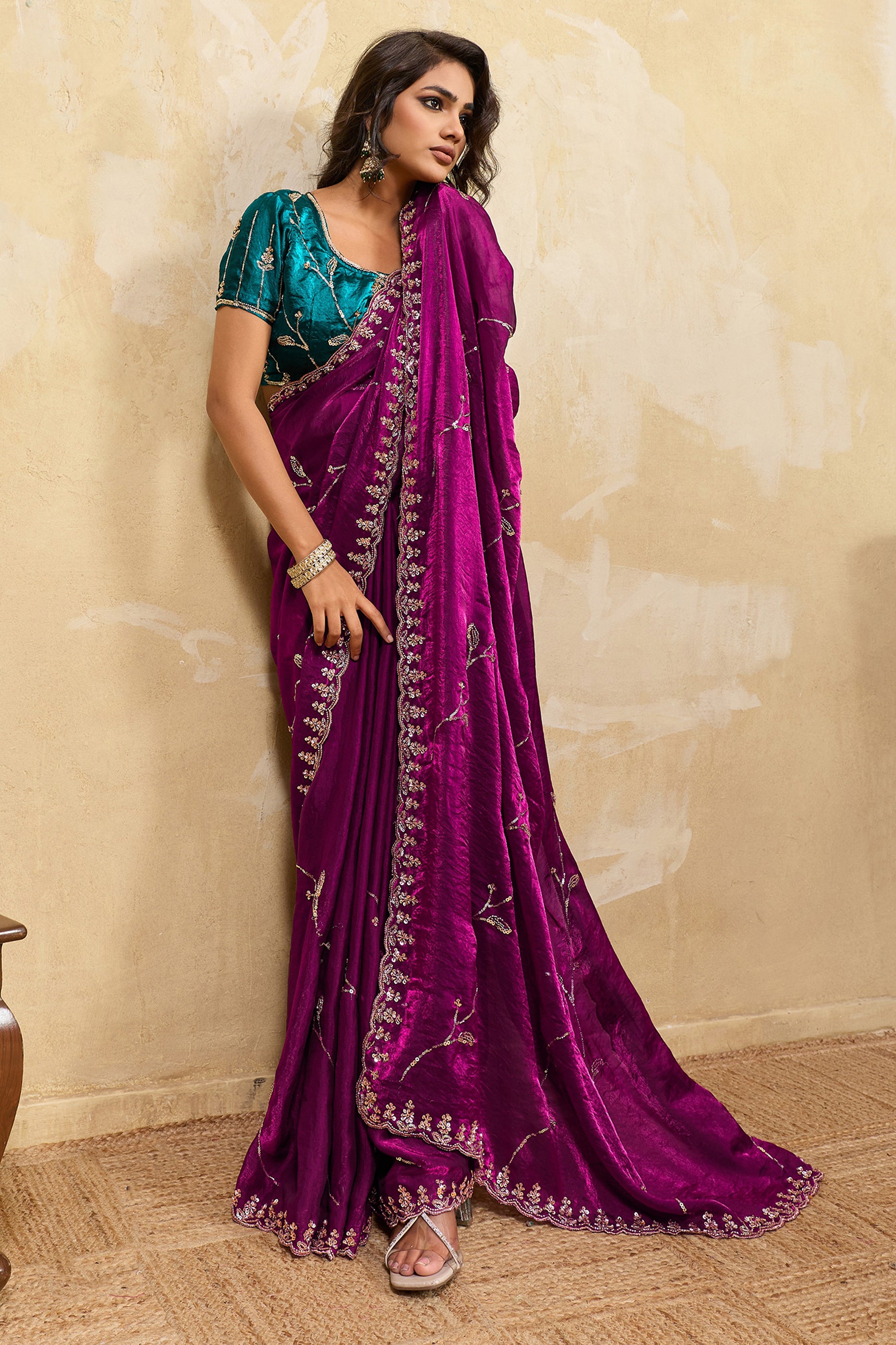 Wine Embroidered Metallic Satin Saree-SAR12534_4_SareeButa.com