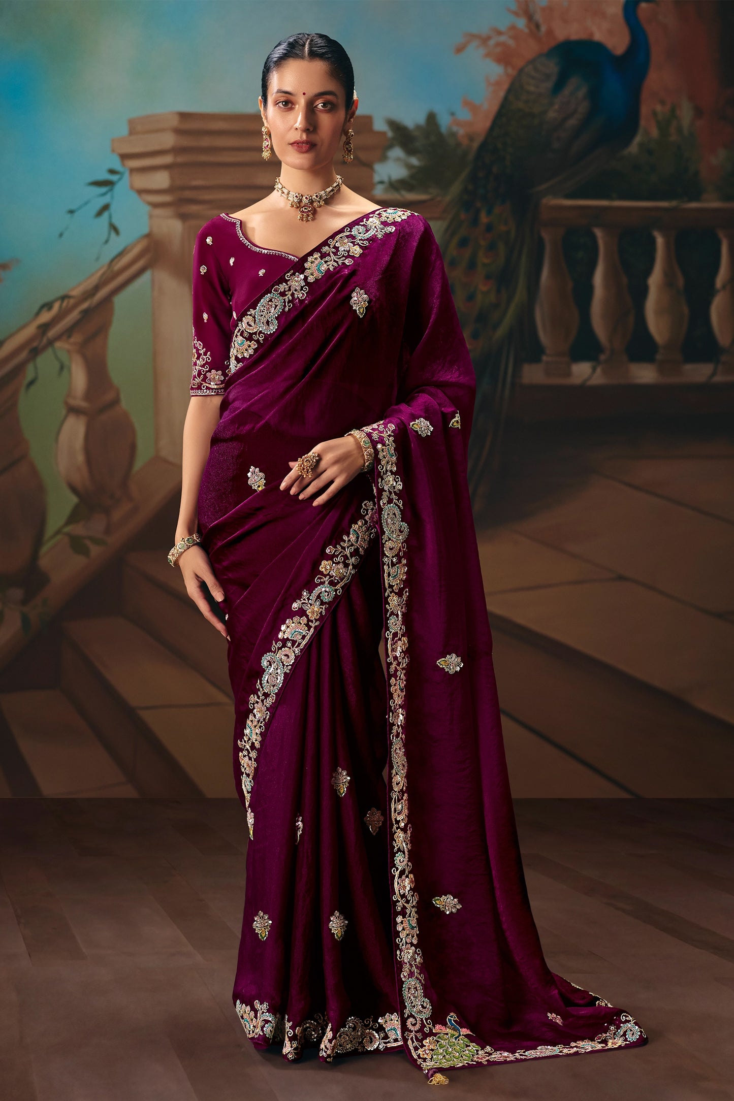 Wine Embroidered Organza Saree-SAR12034_1_SareeButa.com