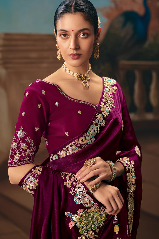 Wine Embroidered Organza Saree-SAR12034_2_SareeButa.com