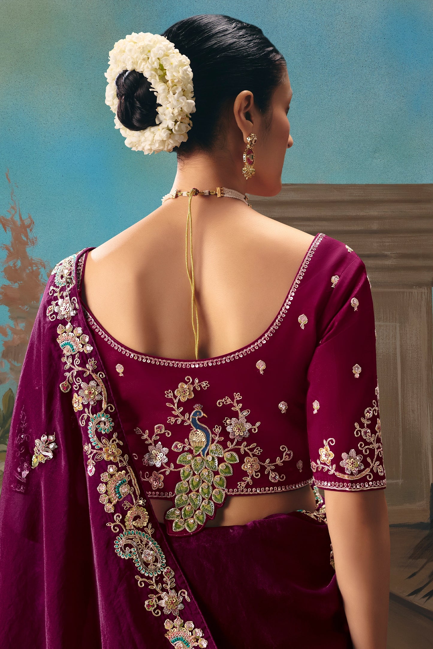 Wine Embroidered Organza Saree-SAR12034_3_SareeButa.com