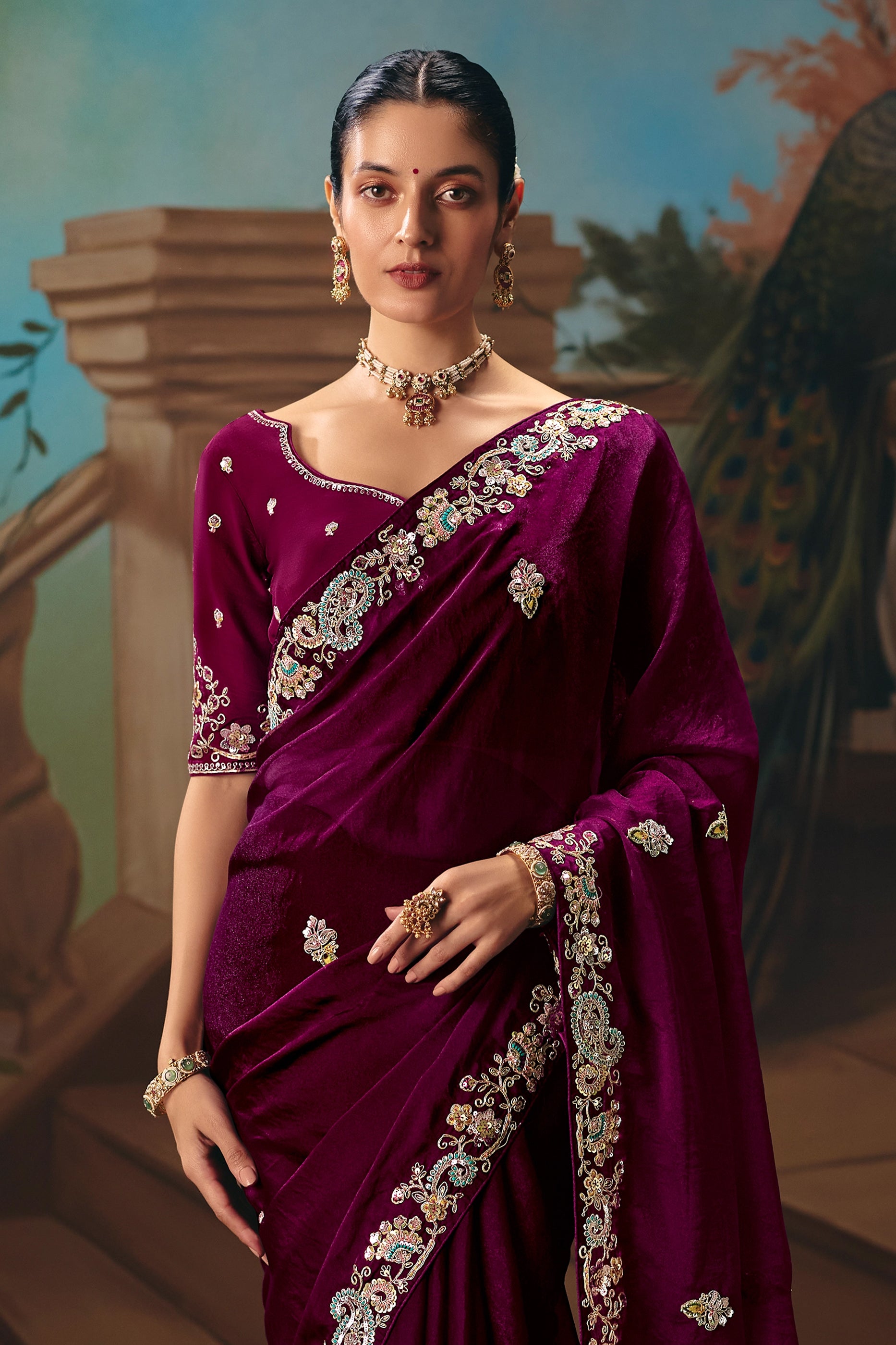 Wine Embroidered Organza Saree-SAR12034_4_SareeButa.com