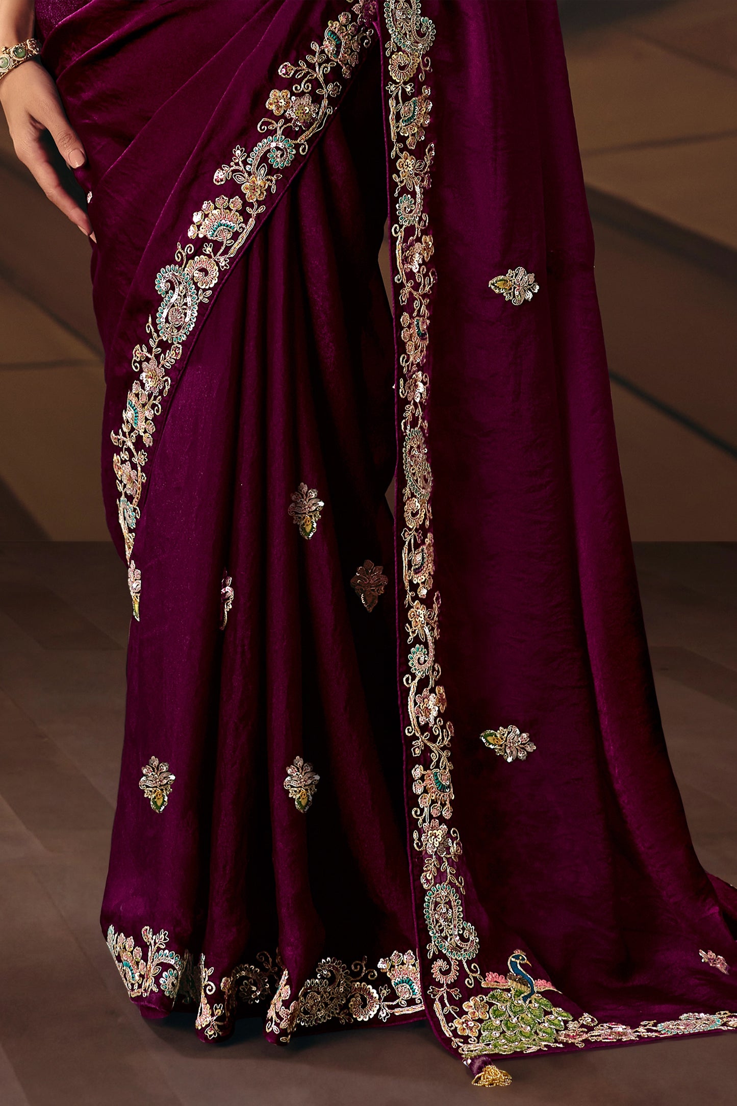 Wine Embroidered Organza Saree-SAR12034_5_SareeButa.com