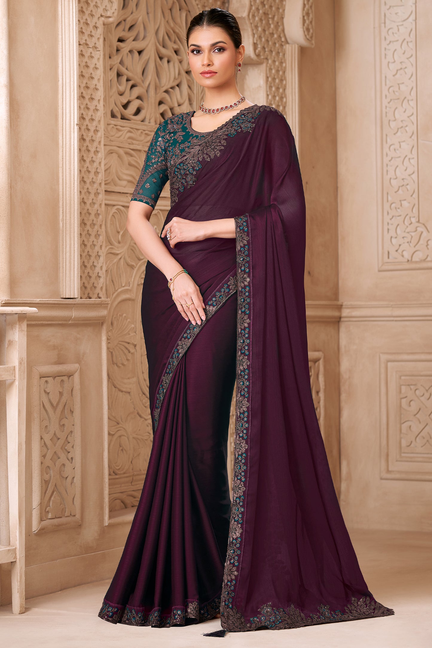 Wine Embroidered Satin Georgette Saree-SAR12487_1_SareeButa.com