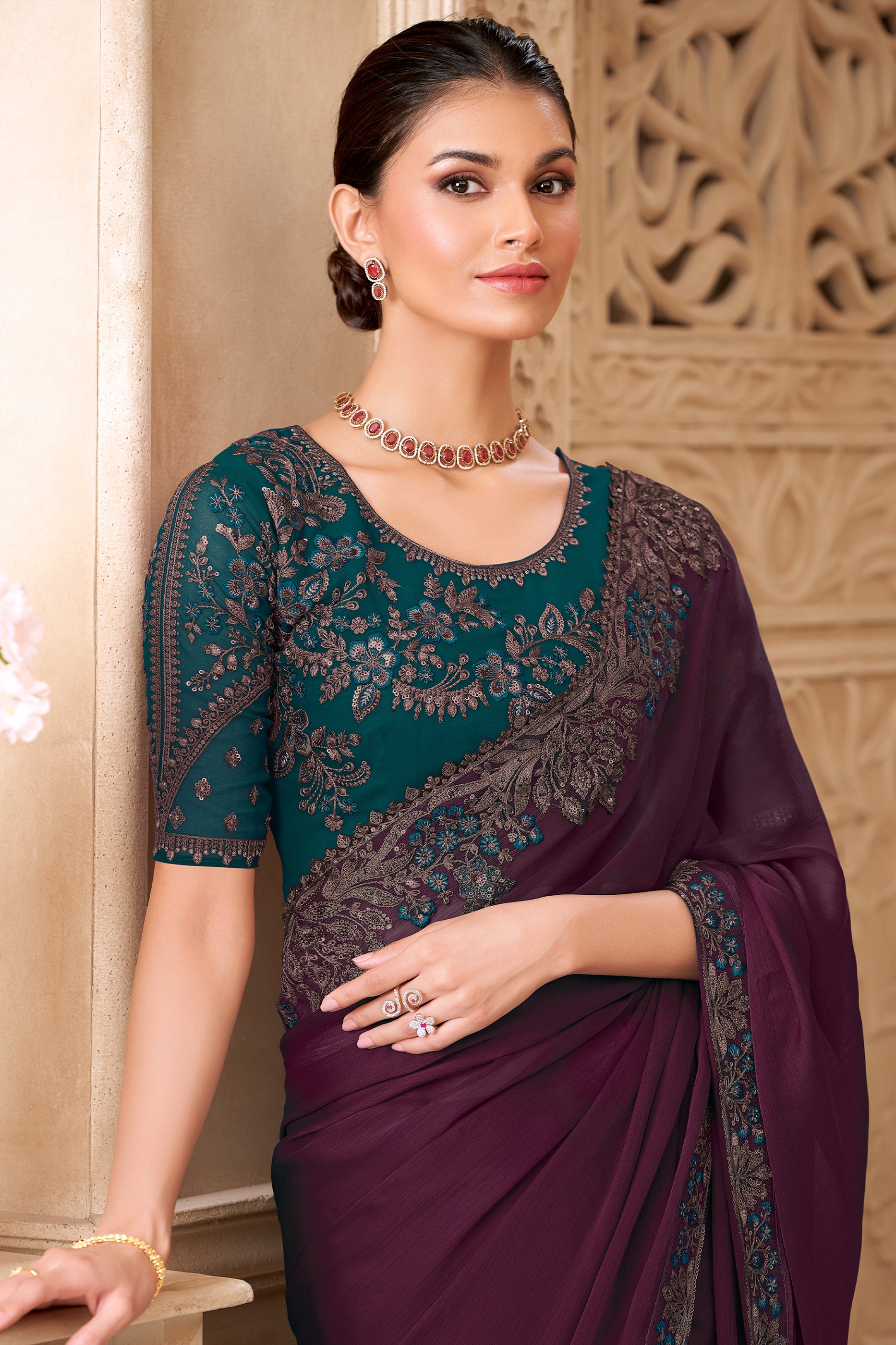 Wine Embroidered Satin Georgette Saree-SAR12487_2_SareeButa.com