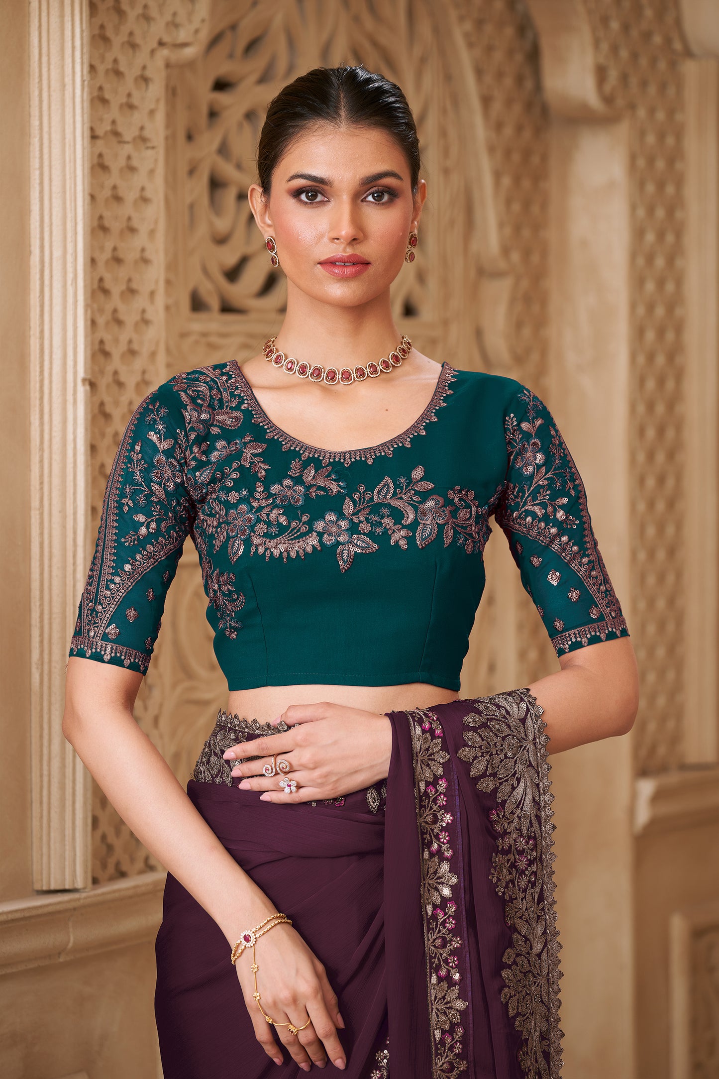Wine Embroidered Satin Georgette Saree-SAR12487_3_SareeButa.com