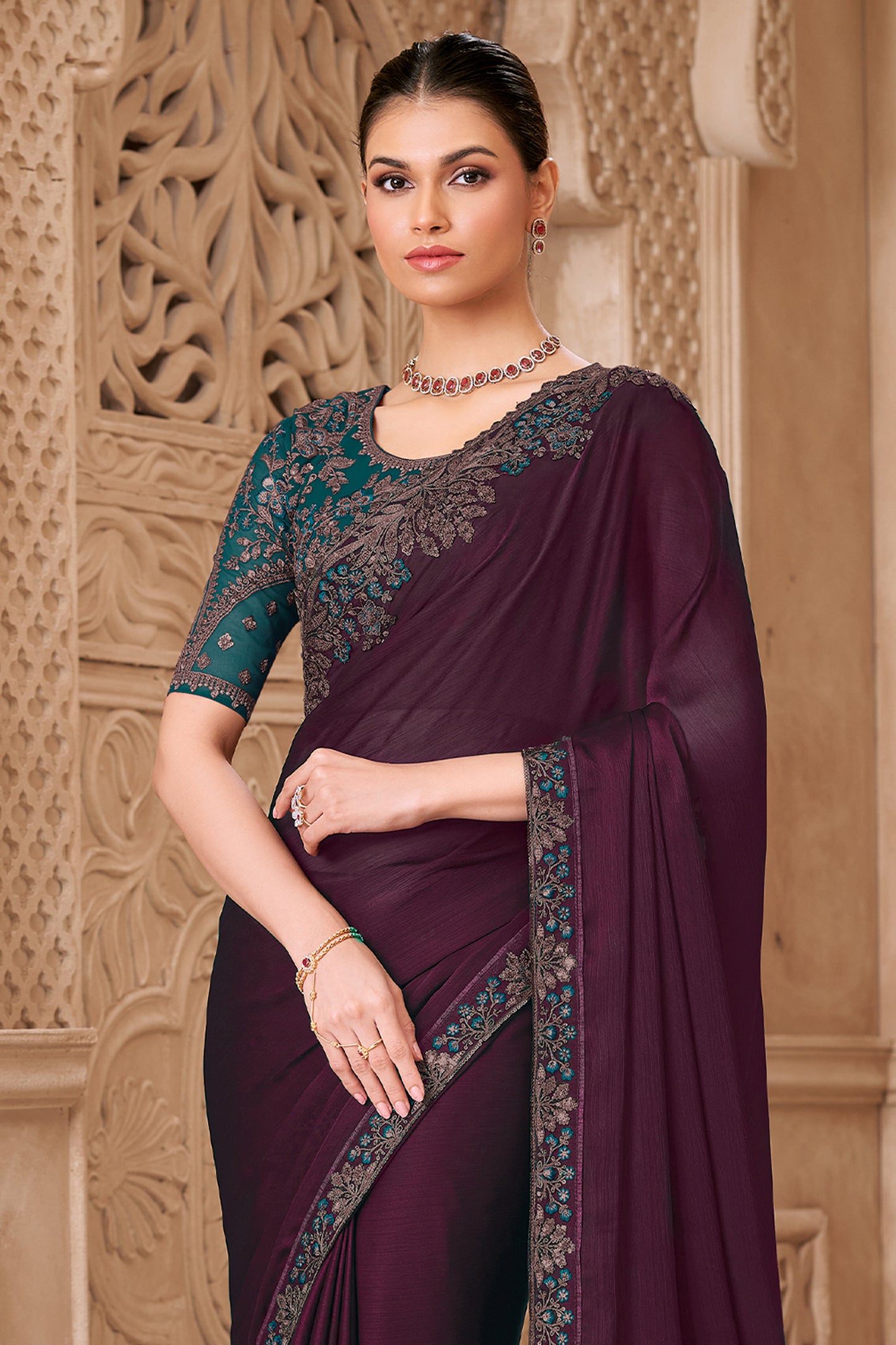 Wine Embroidered Satin Georgette Saree-SAR12487_5_SareeButa.com