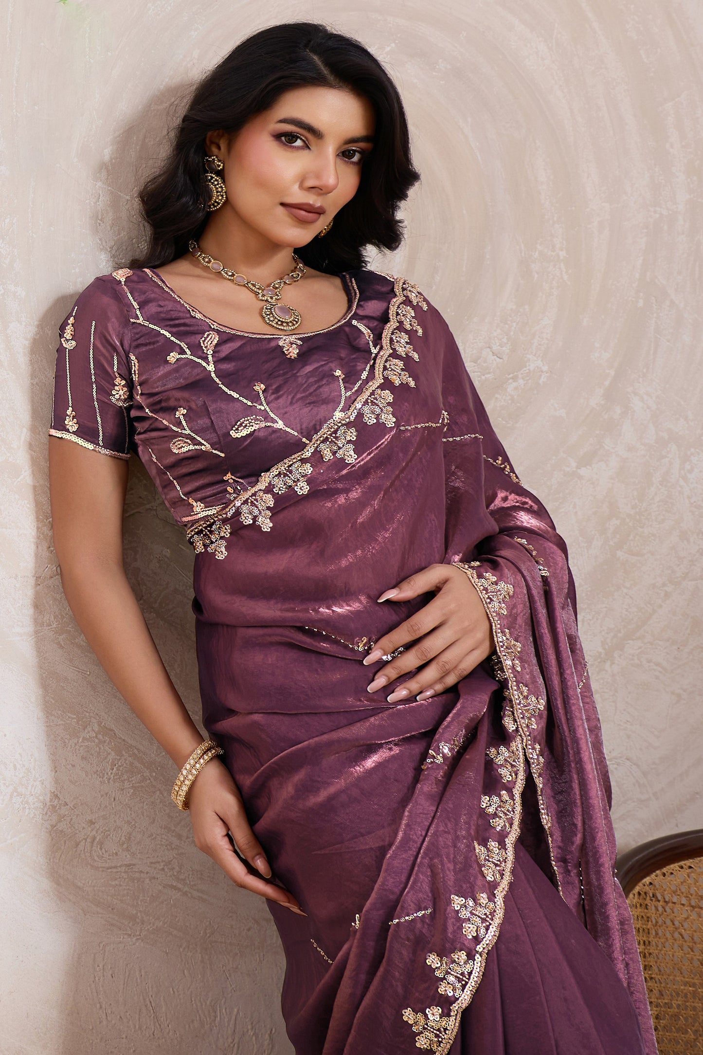 Wine Embroidered Satin Saree-SAR11786_2_SareeButa.com