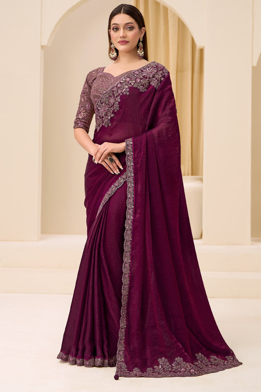 Wine Embroidered Satin Silk Saree-SAR12441_1_SareeButa.com