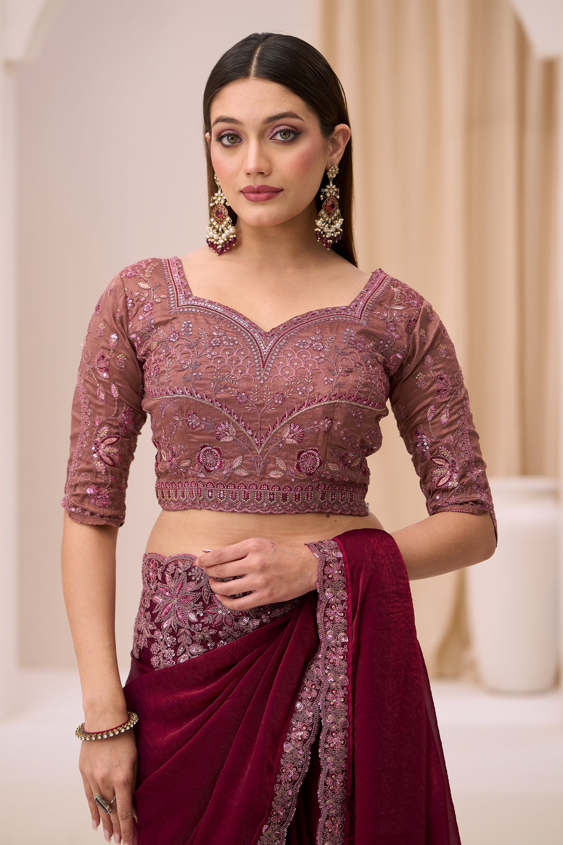 Wine Embroidered Satin Silk Saree-SAR12441_3_SareeButa.com