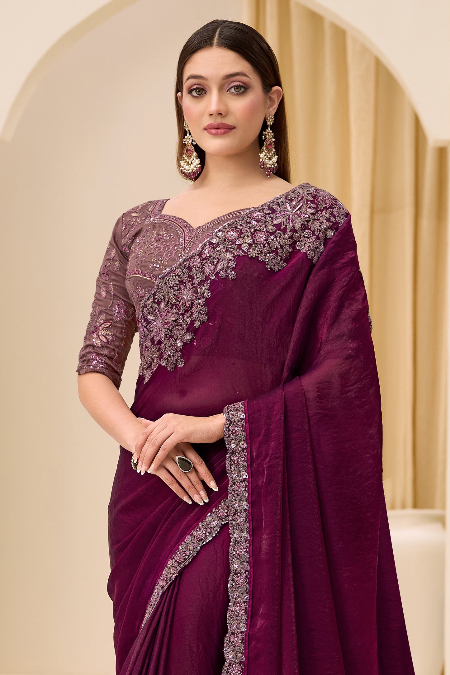 Wine Embroidered Satin Silk Saree-SAR12441_5_SareeButa.com