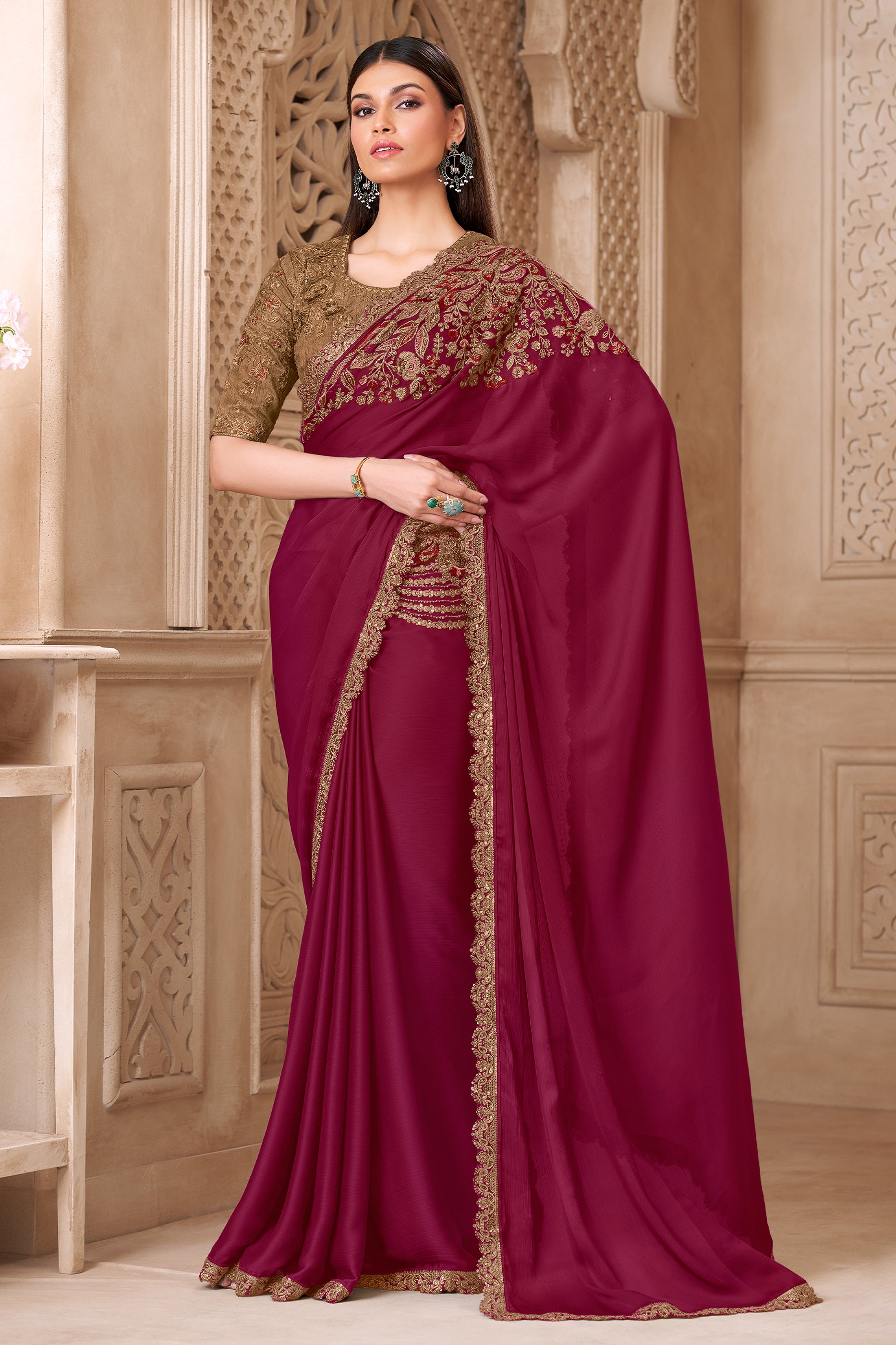 Wine Embroidered Satin Silk Saree-SAR12453_1_SareeButa.com