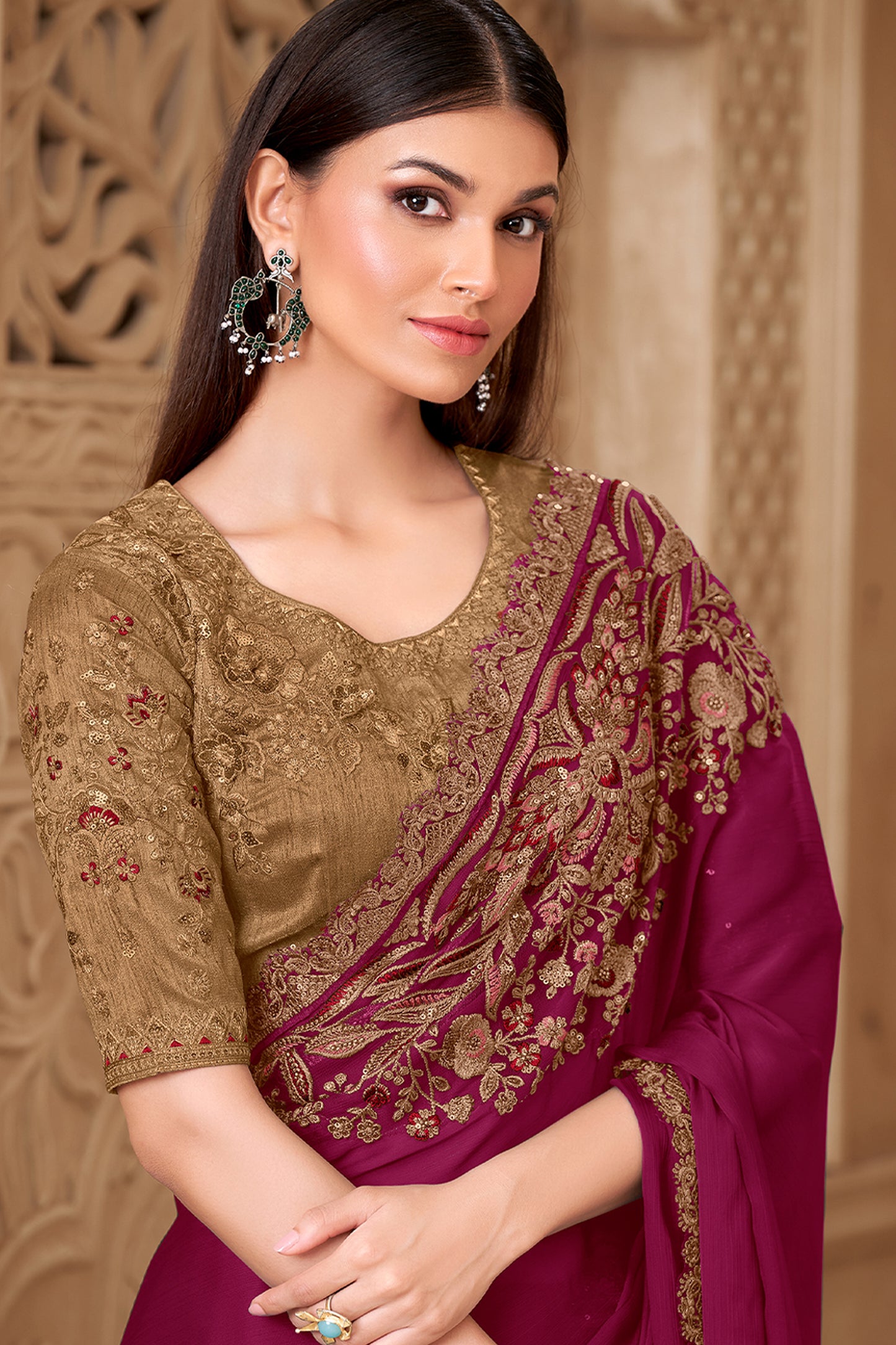 Wine Embroidered Satin Silk Saree-SAR12453_2_SareeButa.com