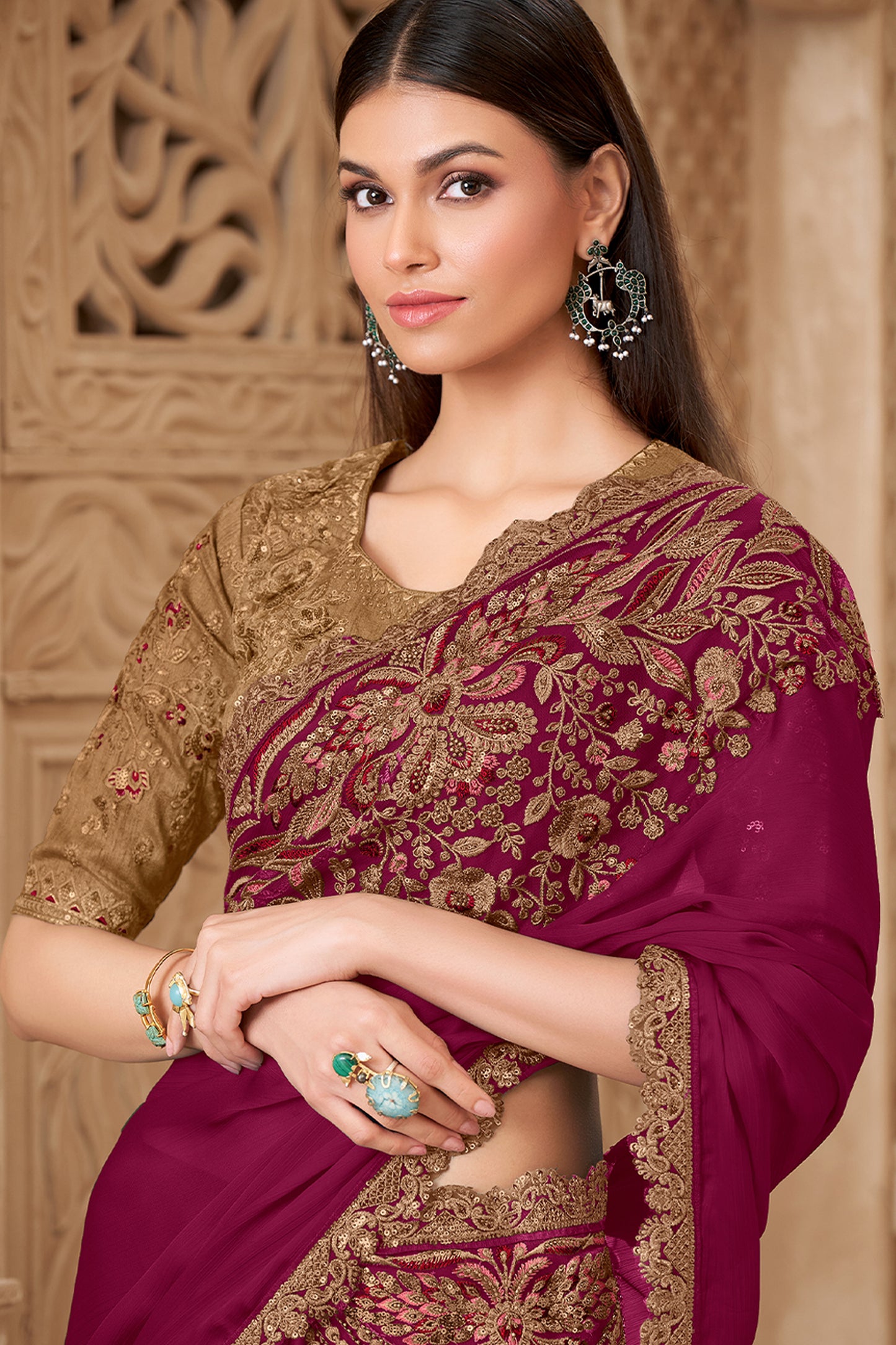 Wine Embroidered Satin Silk Saree-SAR12453_3_SareeButa.com