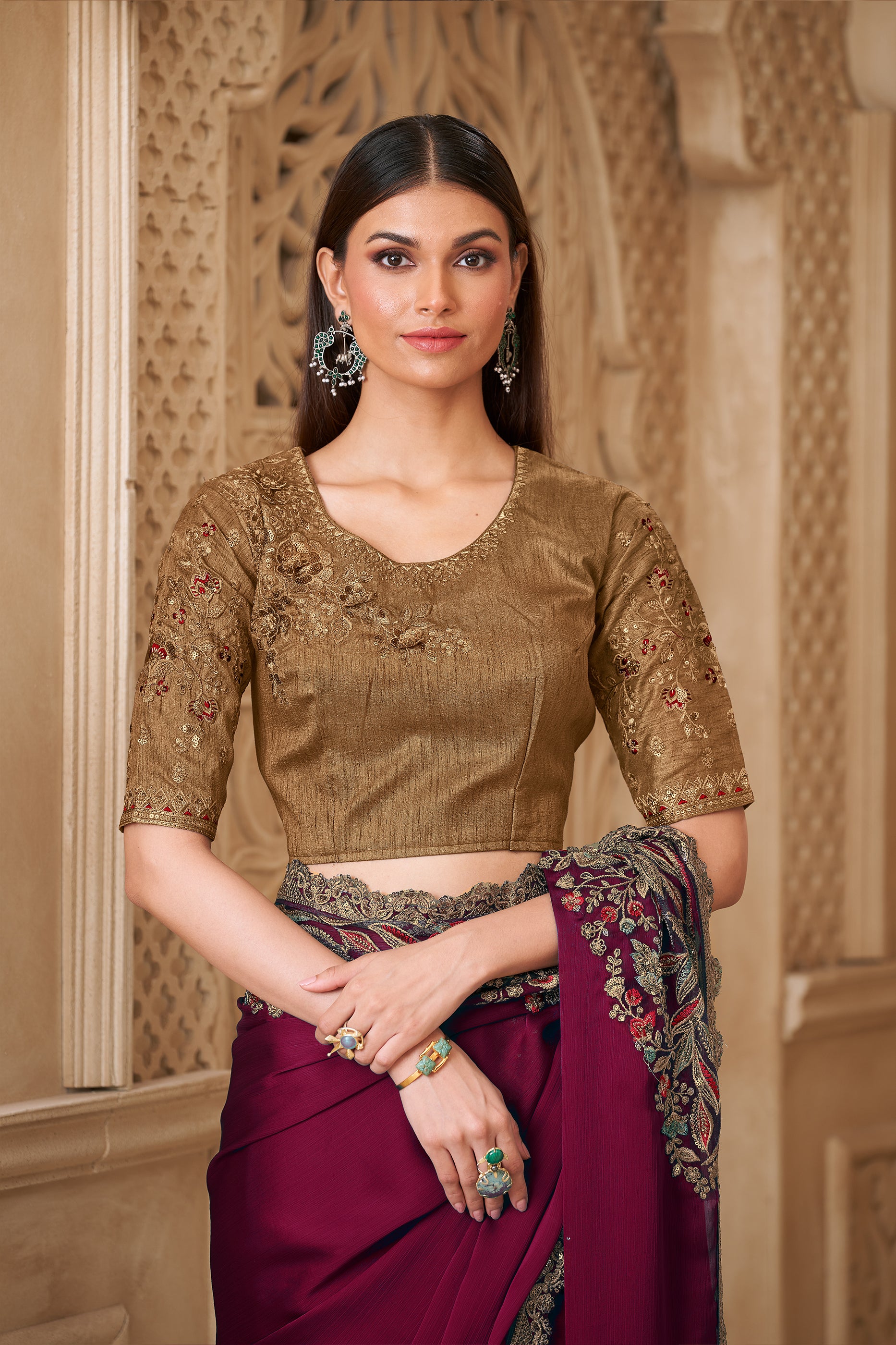 Wine Embroidered Satin Silk Saree-SAR12453_4_SareeButa.com