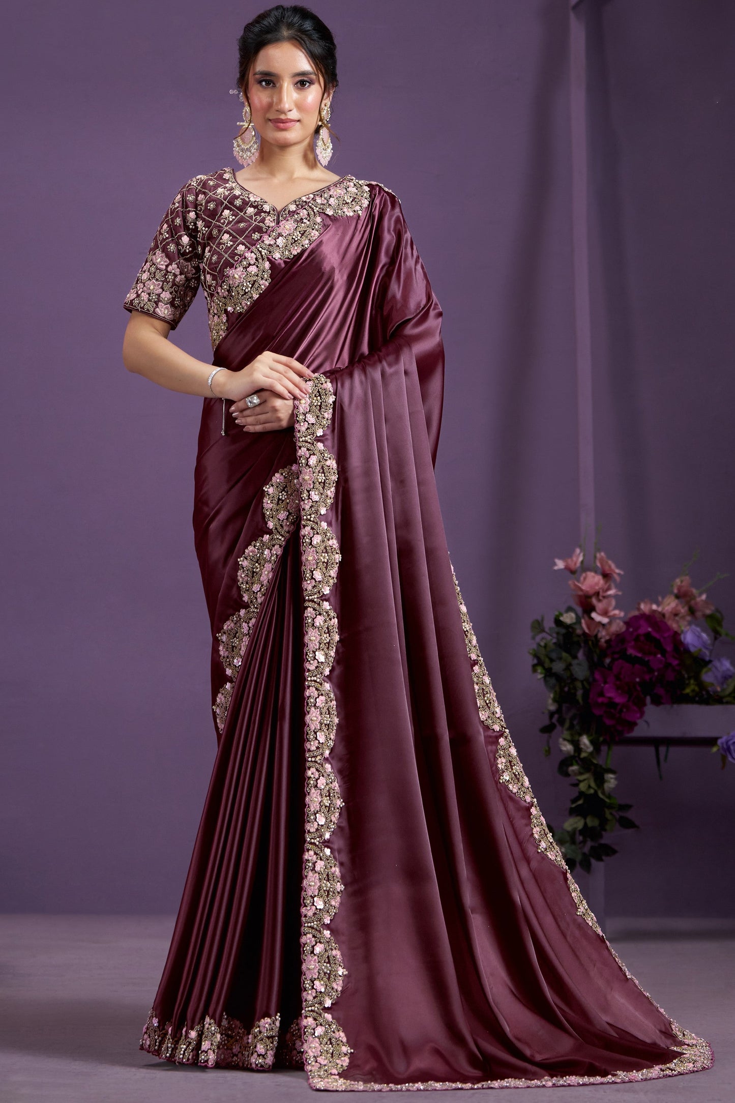 Wine Embroidered Satin Silk Saree-ZB133359_1_SareeButa.com