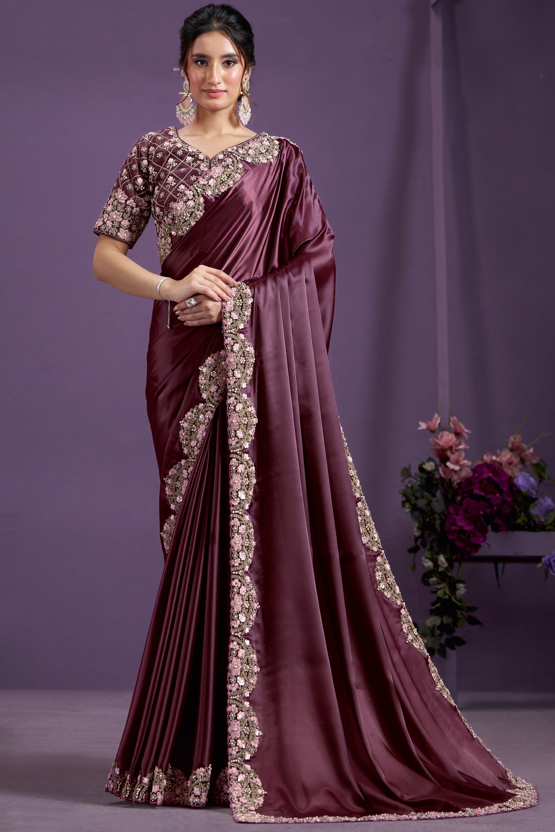 Wine Embroidered Satin Silk Saree-ZB133359_1_SareeButa.com