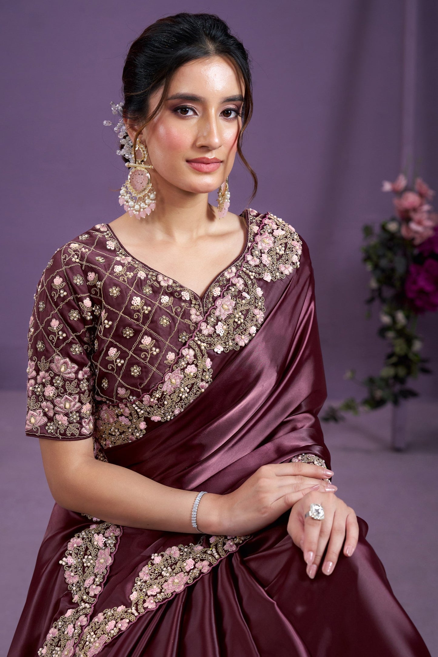 Wine Embroidered Satin Silk Saree-ZB133359_2_SareeButa.com