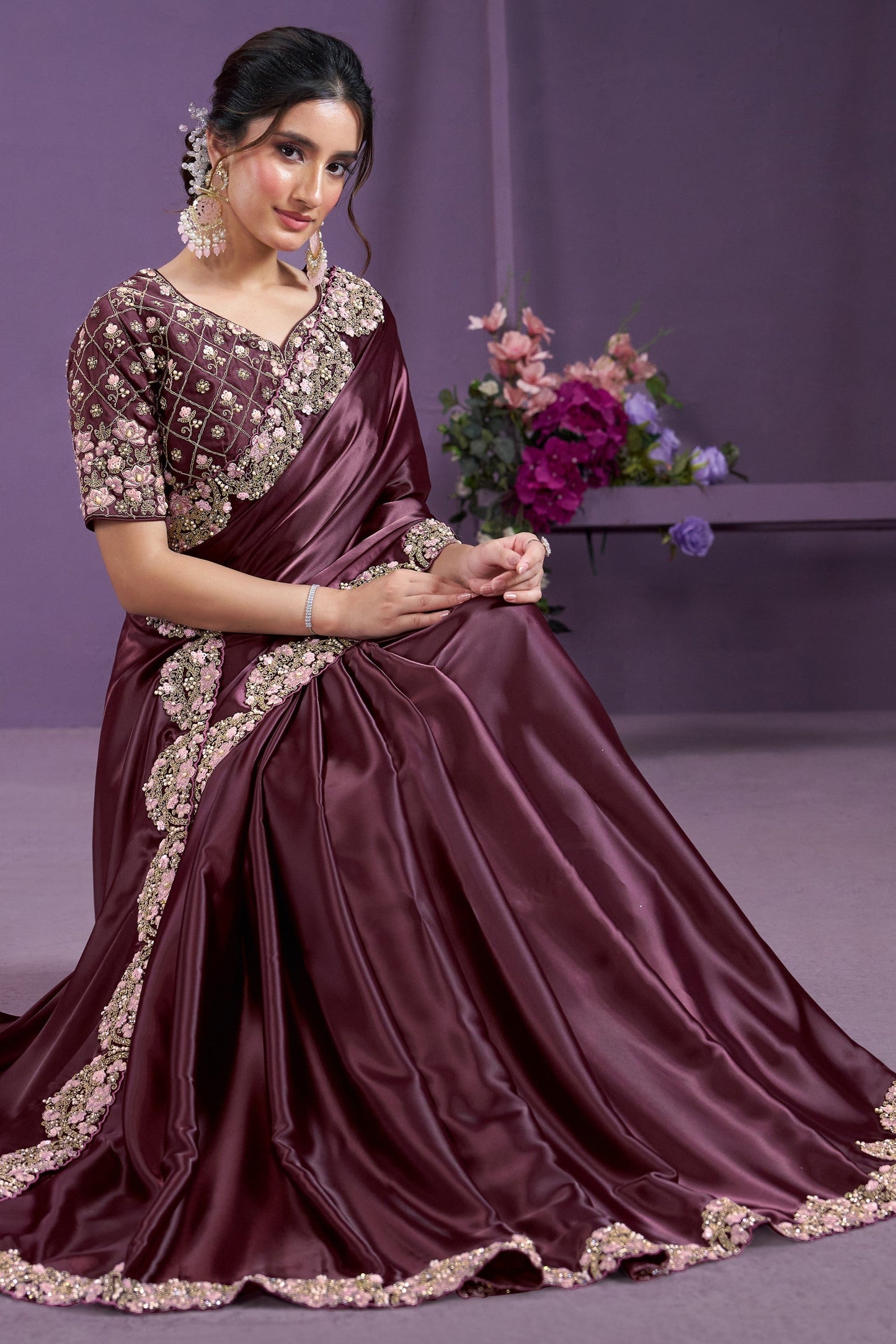 Wine Embroidered Satin Silk Saree-ZB133359_3_SareeButa.com