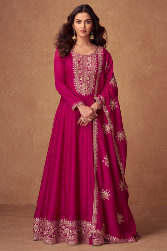 Wine Embroidered Silk Gown with Dupatta-SS471_1_SareeButa.com