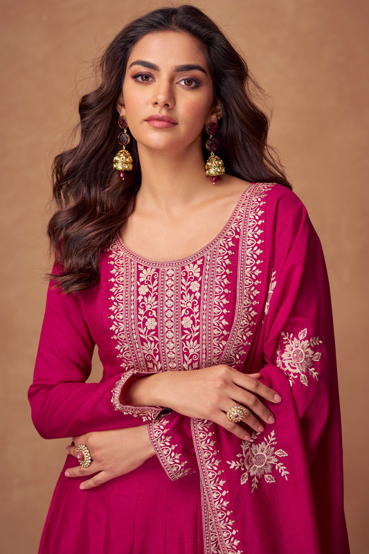 Wine Embroidered Silk Gown with Dupatta-SS471_2_SareeButa.com