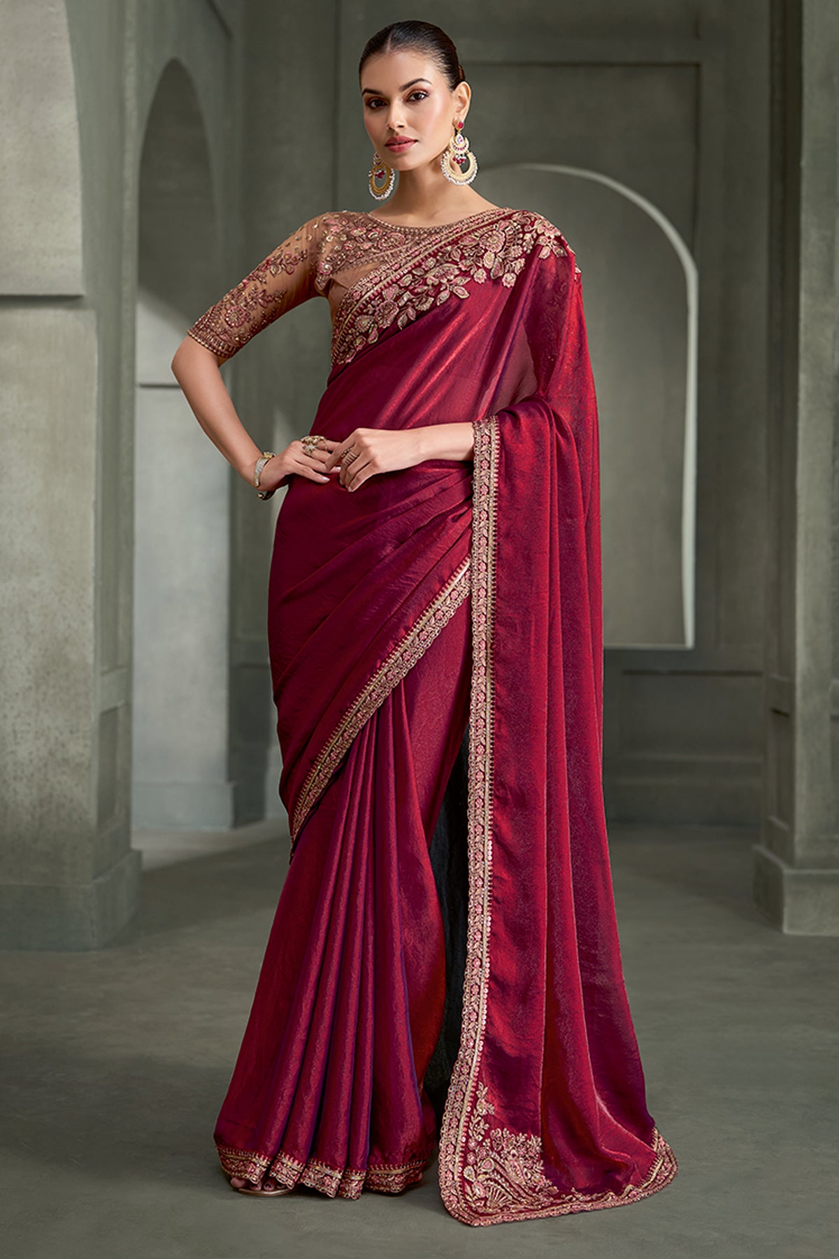 Wine Embroidered Tissue Satin Silk Saree-SAR13290_1_SareeButa.com