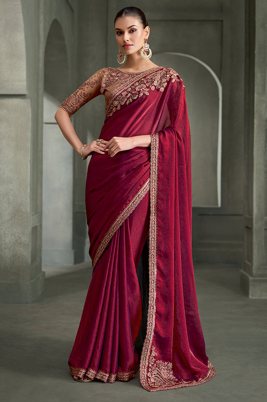 Wine Embroidered Tissue Satin Silk Saree-SAR13290_1_SareeButa.com