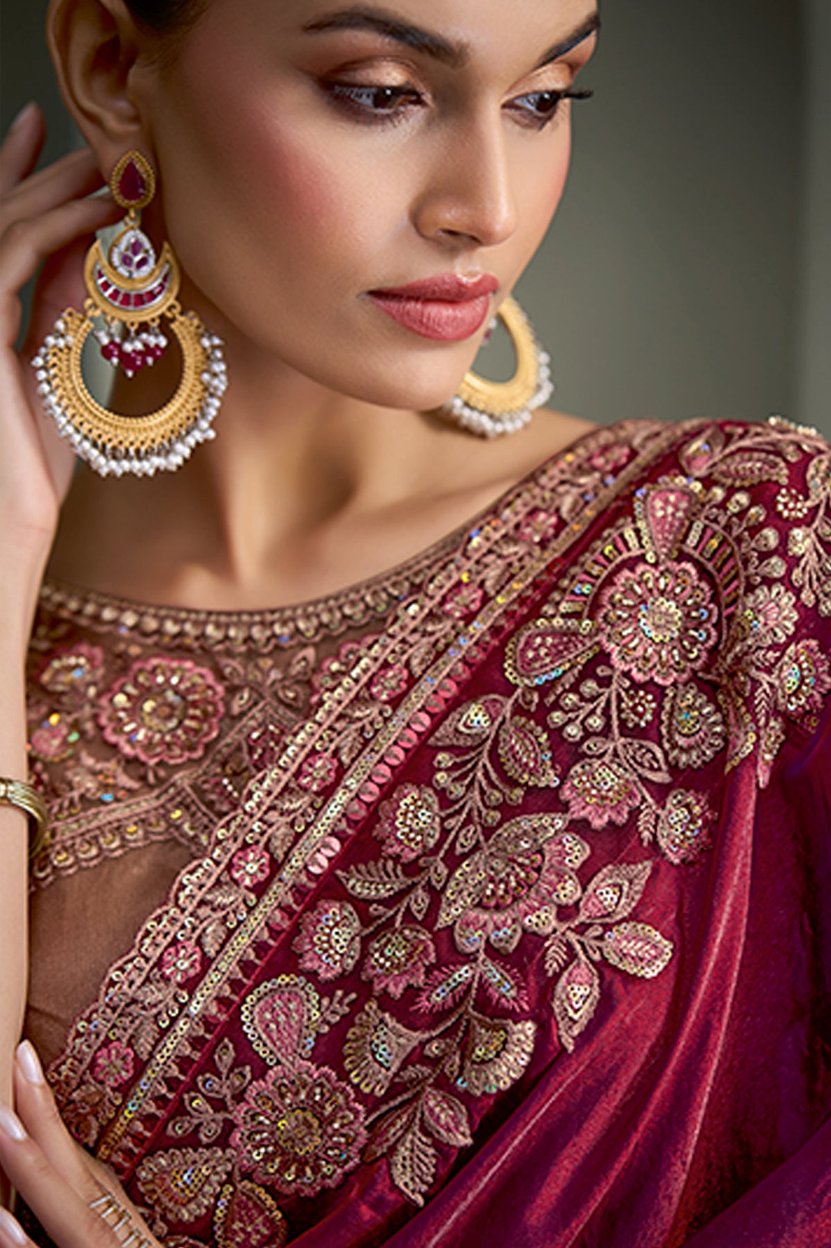 Wine Embroidered Tissue Satin Silk Saree-SAR13290_2_SareeButa.com